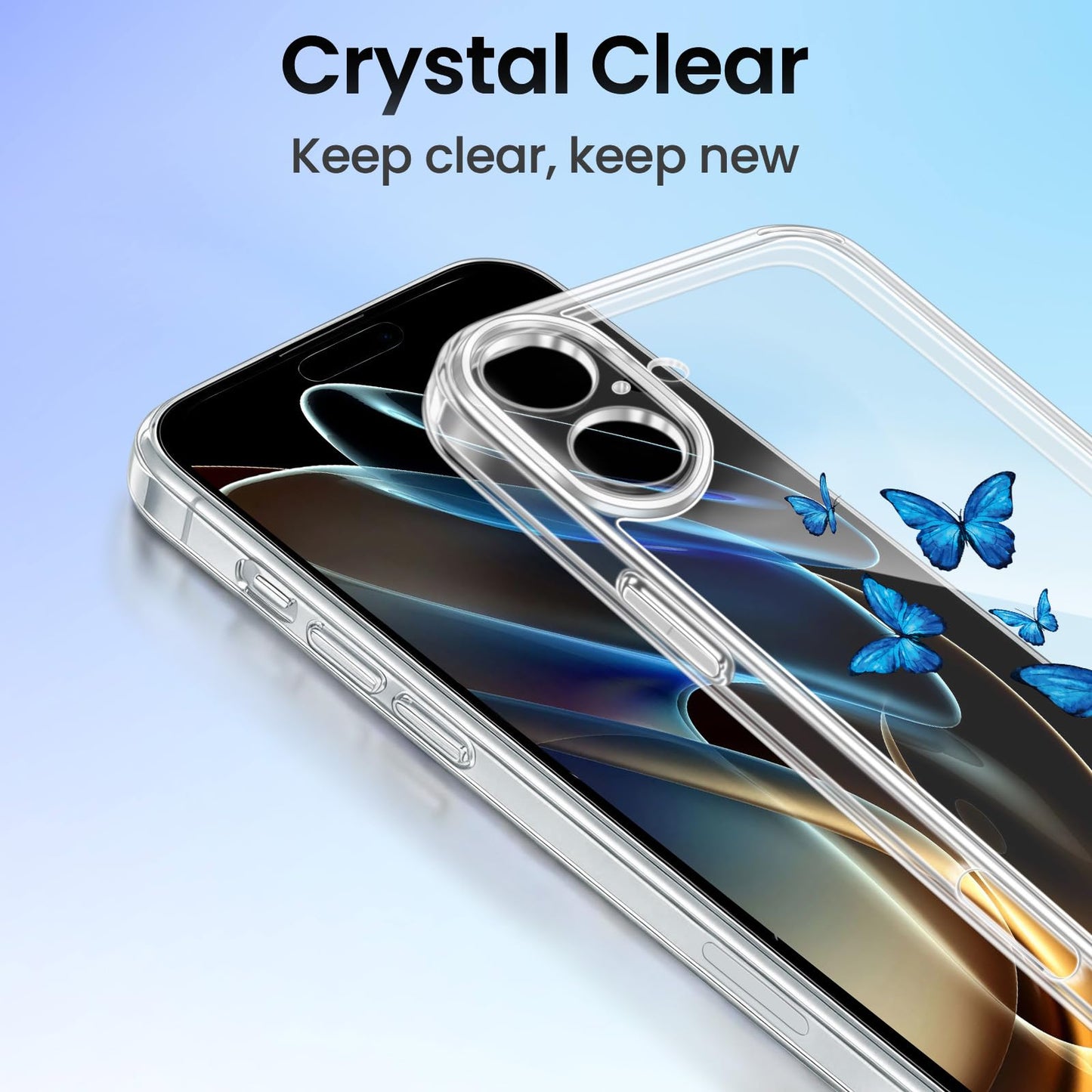 Cute Girly Crystal Clear Case Compatible with iPhone 16 Pro, Camera Control & Shockproof Protection Floral Case for Women, Blue Butterflies WN420