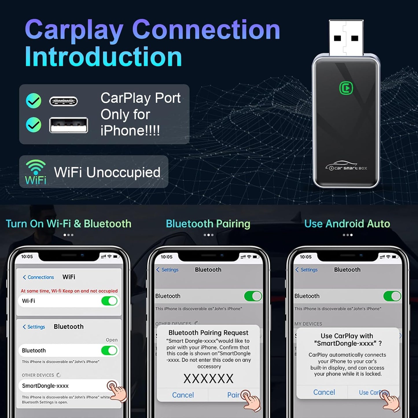 Wireless CarPlay Adapter for iPhone, HD Navigation Vehicle-Level Chip Stable Connect, Bluetooth CarPlay Plug & Play Convert Wired to Wireless CarPlay Adapter iOS 10+ & Cars from 2015+ WN420