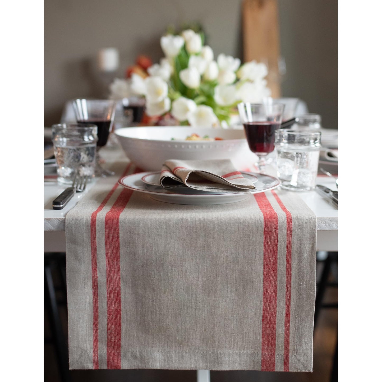 Solino Home 100% Pure Linen Table Runner, 14 x 60 in, Black, French Stripe | Table Runners for dining, hallway and console tables | woven stripe, mitered corners | Black and White | OEKO-TEX Certified BST326SOLH