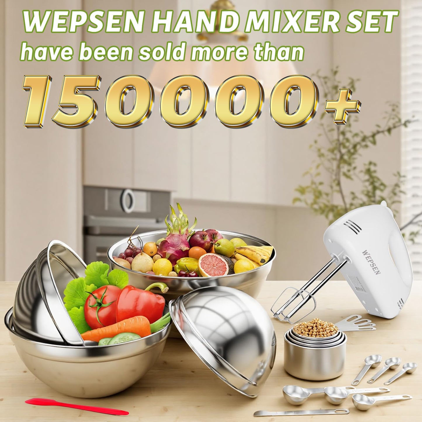 WEPSEN Mixing Bowls Set, 25PCS Stainless Steel Mixing Bowl with Lid Set, Large Nesting Bowls 7, 4.5, 3,2, 1.5QT, Measuring Cups and Spoons Baking Utensils Metal Bowl for Kitchen Prep BST220