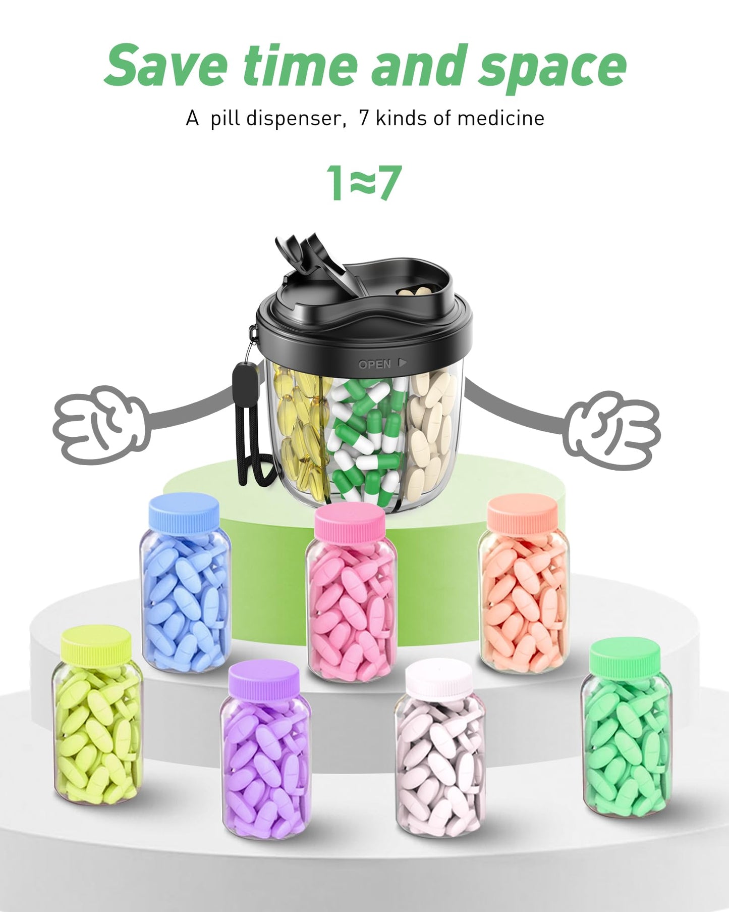 Cute Pill Organizer,Pill Dispenser with 7 Large Compartments,Portable Pill Bottle Box with Wide Opening for Easy Use, Anti-Mix Pills Organizer for Travel,Includes 20 Pcs Sticky Labels(Black) WN420