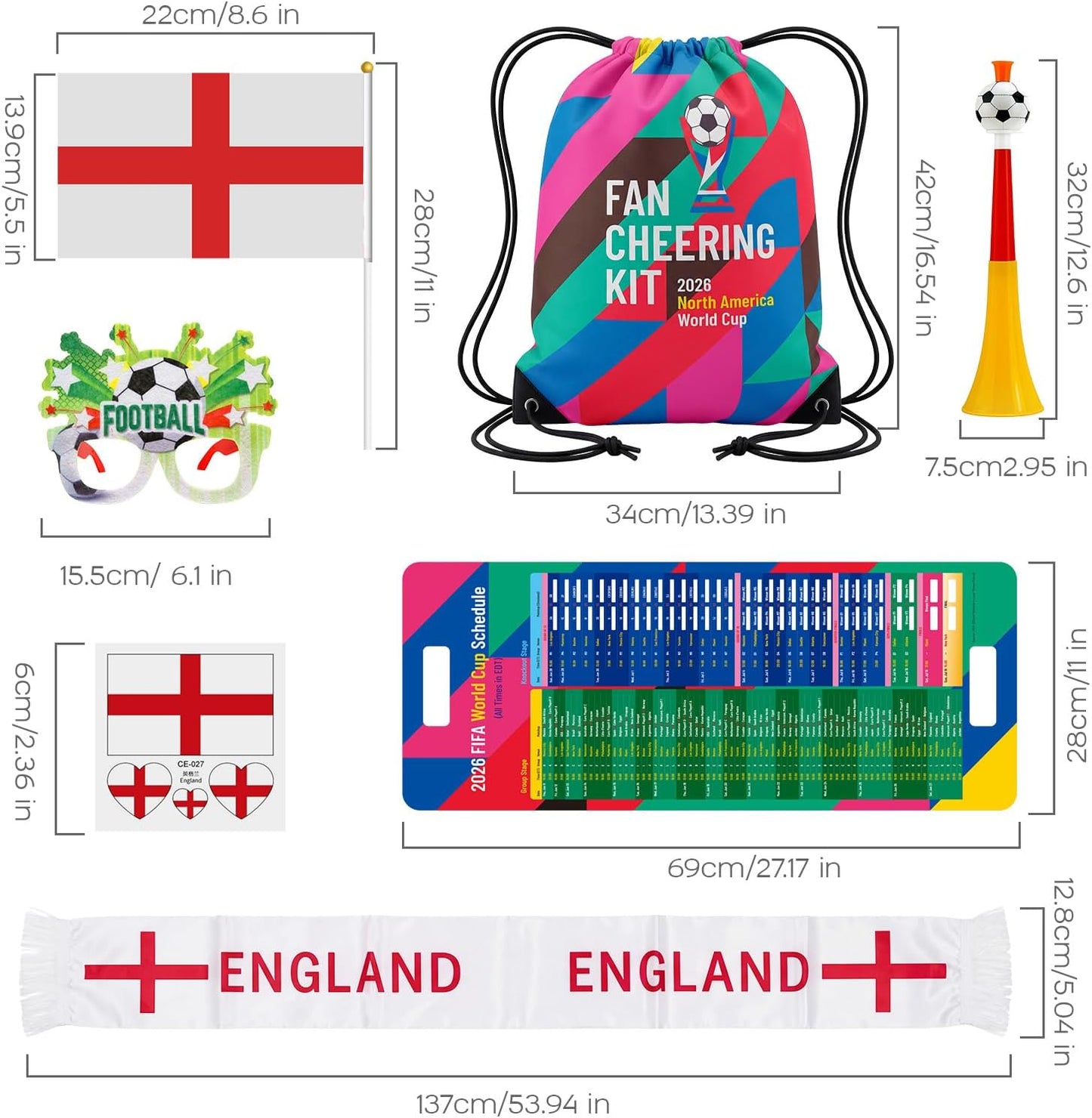 Ultimate 2026 World Soccer Cup USA Fan Kit - 7-in-1 Match Day Set: Flag, Trumpet, Scarf, Glasses, Tattoos, Schedule & Backpack - Patriotic Parade Party Supplies for Fans (ENG) BST202