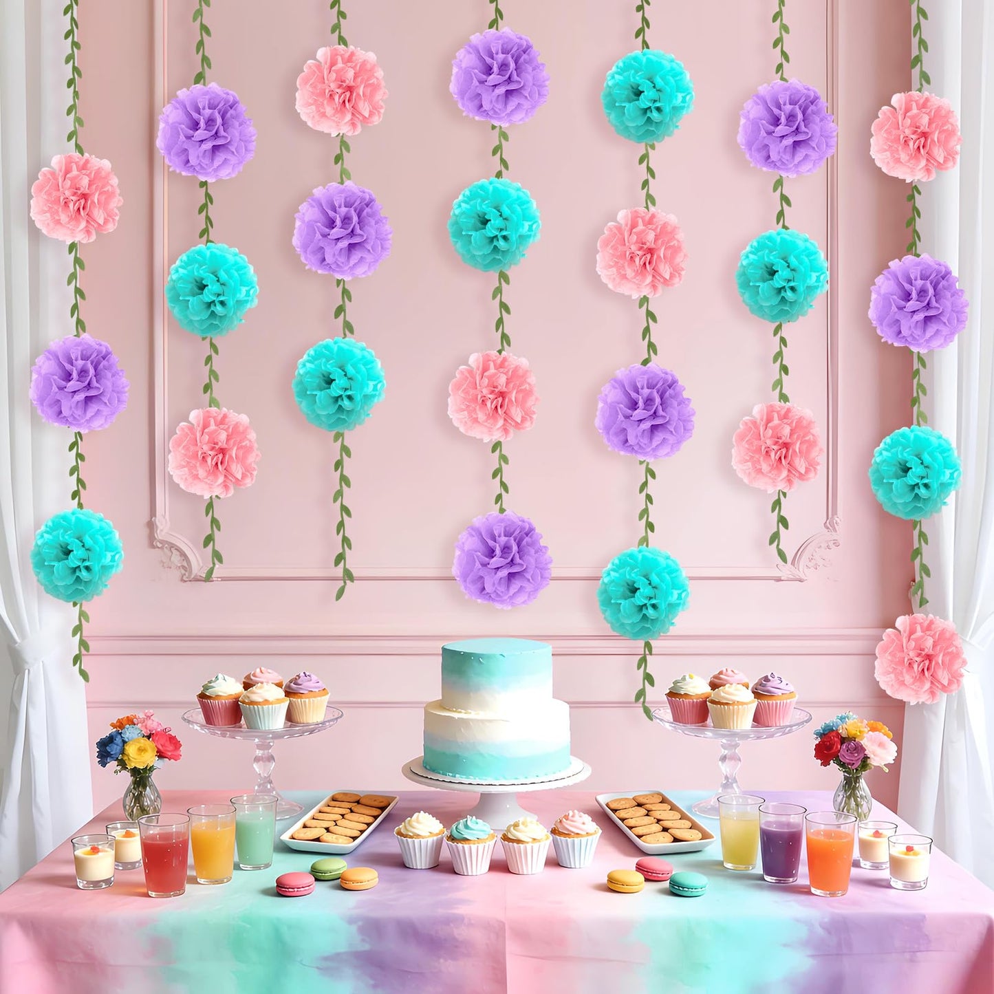 kreat4joy 4pack Pink Purple Tissue Paper Pom Poms Flowers Garland Leaf Ribbon 98.42inches Pre-Strung Reusable Ceiling for Birthday Baby Shower Wedding Bridal Shower Home Event Wall Party Decoration BST220