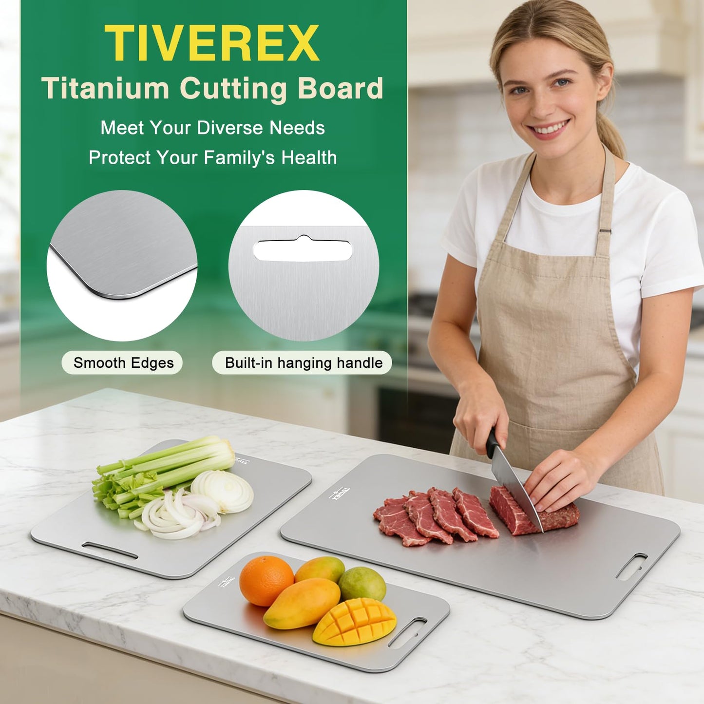 Titanium Cutting Board Set of 3, 100% Pure Titanium Cutting Boards for Kitchen, Easy to clean, Dishwasher, Double Sided Non Toxic Food-Grade Chopping Boards for Meats, Fruits and Vegetables BST202