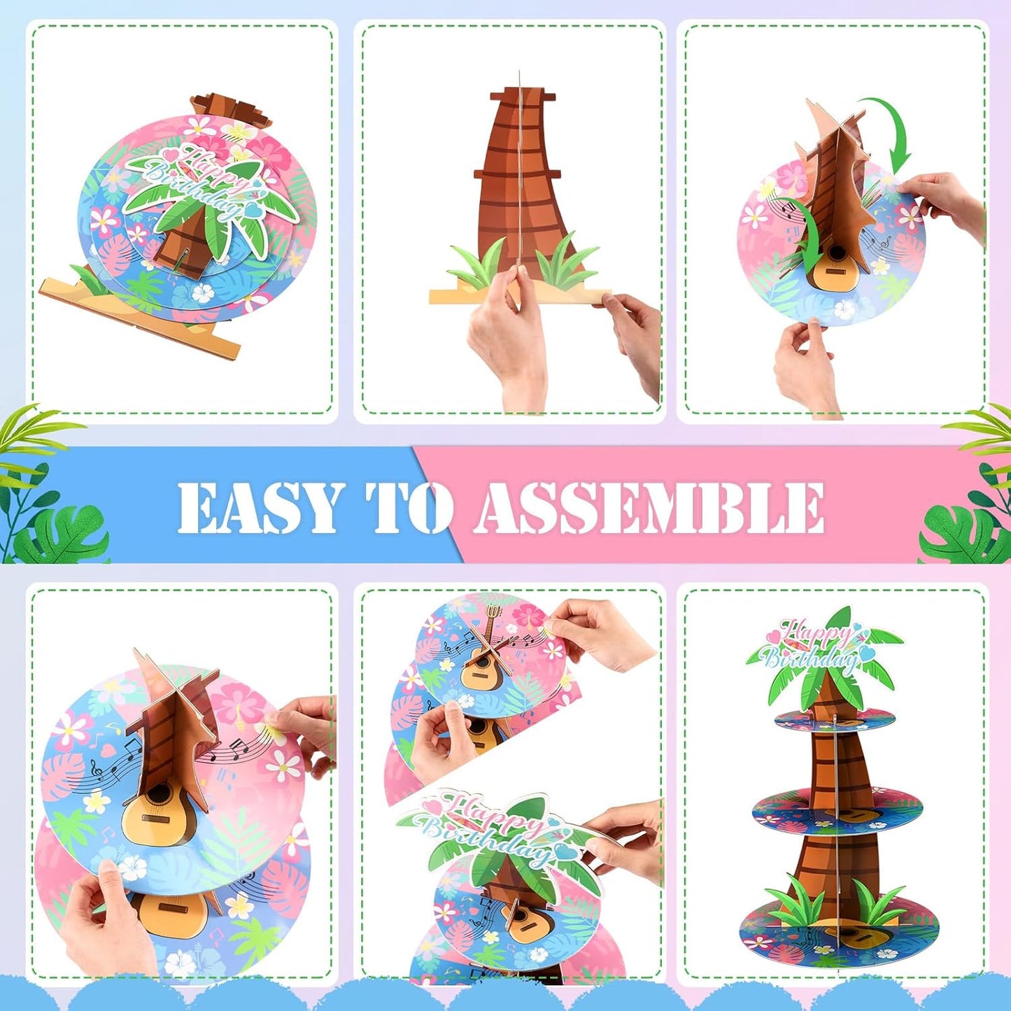 Leinuosen Hawaii Cupcake Stand Decorations 3 Tier Pink Blue Cartoon Cake Stand Happy Birthday Party Decor Cartoon Tropical Luau Birthday Decoration Cute Party Supplies for Wall Hanging Baby Shower BST202