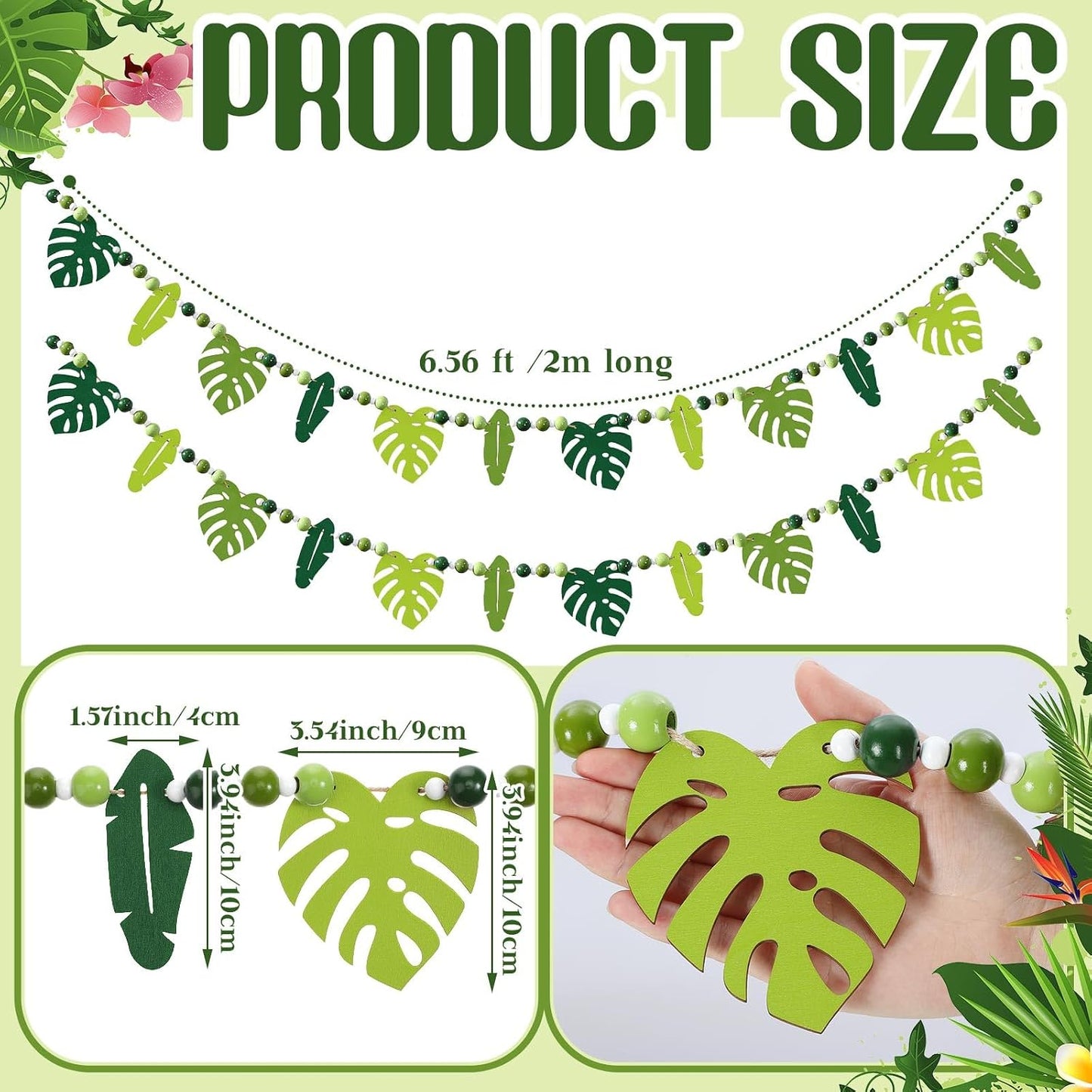 Chunful 2 Pcs Tropical Monstera Garland 6.56 ft Wood Palm Leaf Beads Banner Summer Hanging Garland for Hawaiian Luau Jungle Party Wall Fireplace Shelf Mantle Display Farmhouse Decor Home Supplies BST326L