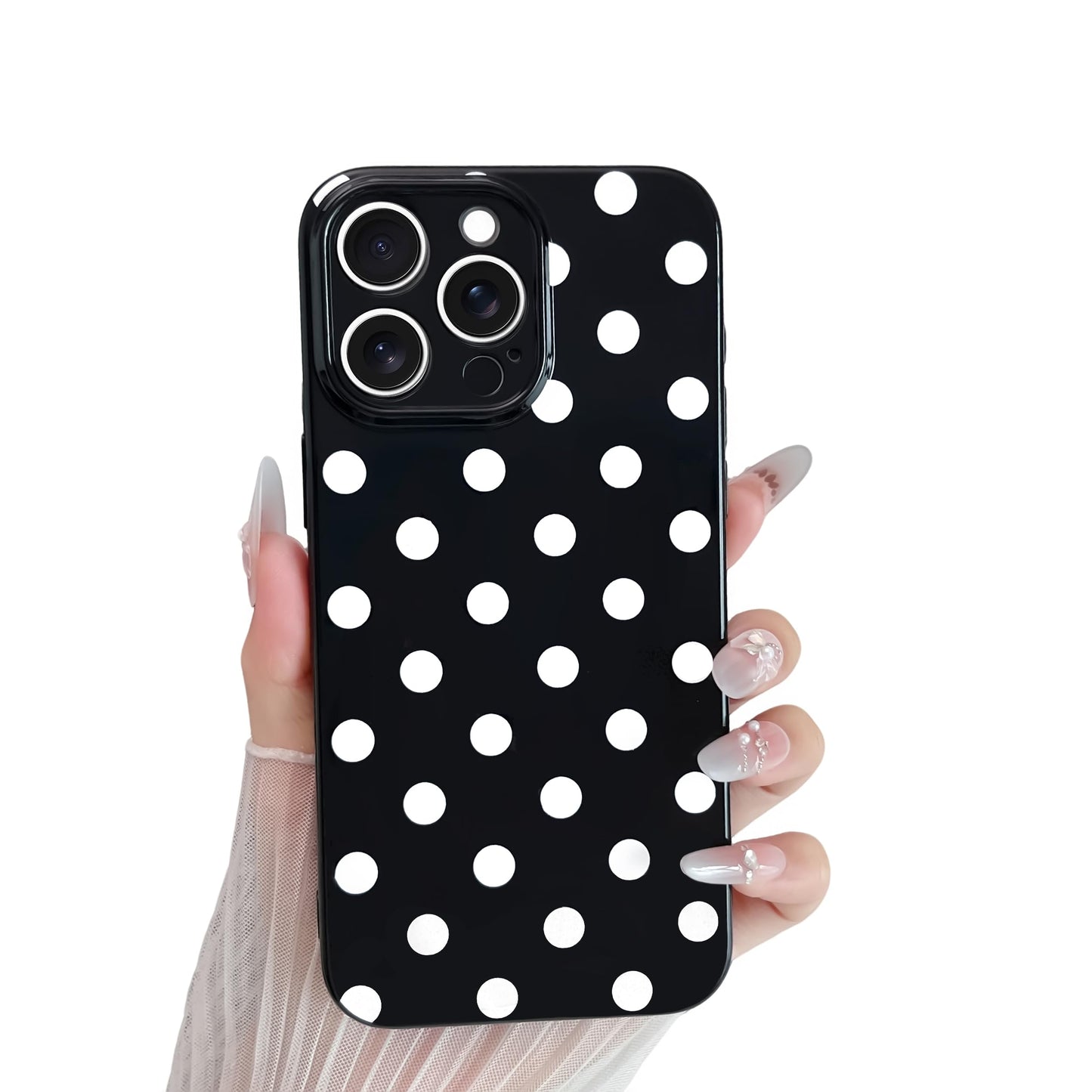 Skyseaco Compatible with iPhone 15 Case Cute Polka Dot Phone Case Soft Slim TPU Shockproof Phone Cover Full Camera Protection for Women Girls - Black WN420