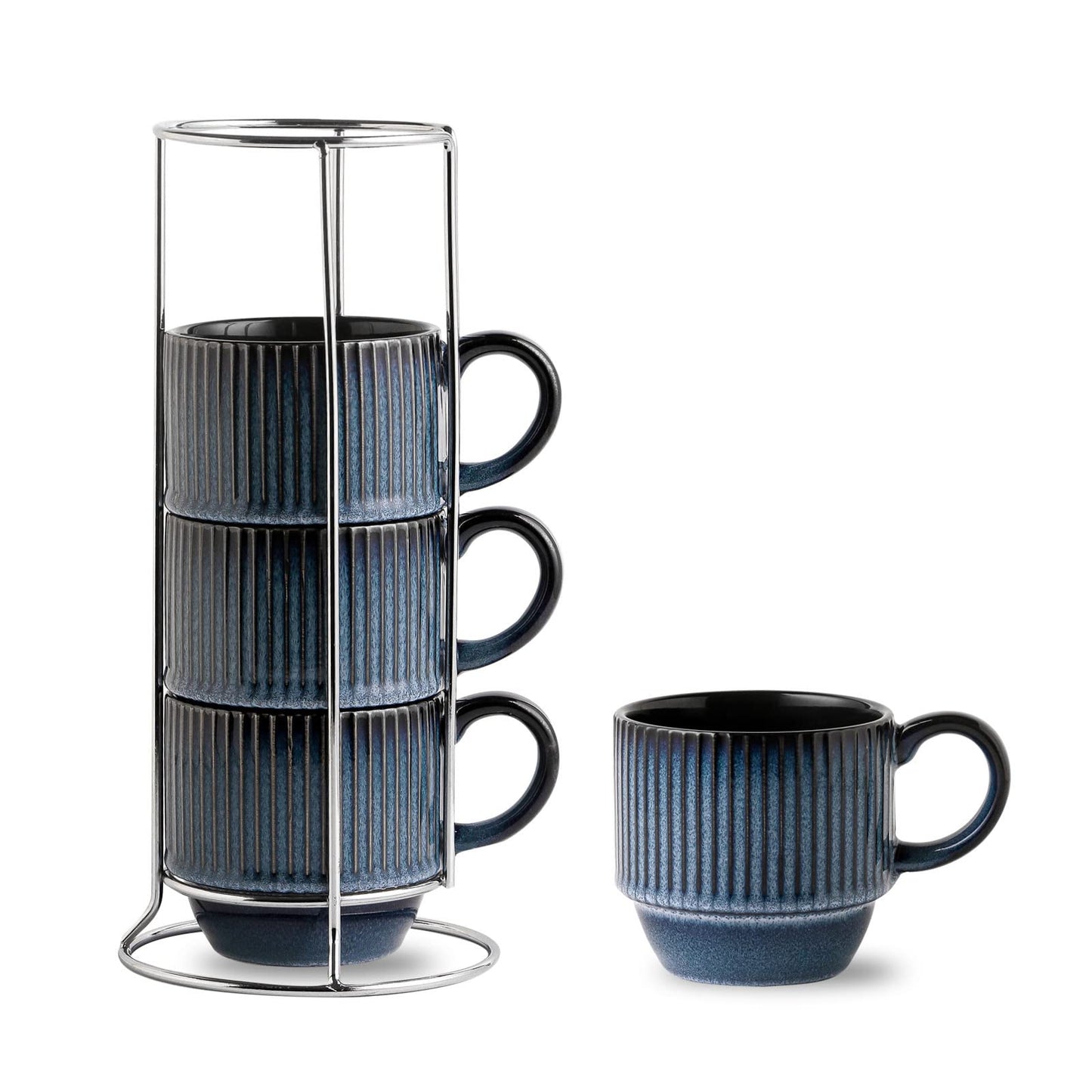 HASENSE 15 oz Ribbed Stackable Coffee Mug Set of 4, Porcelain Latte Cups with Metal Rack, Dishwasher & Microwave Safe, Cappuccino Tea Hot Cocoa, White BST220