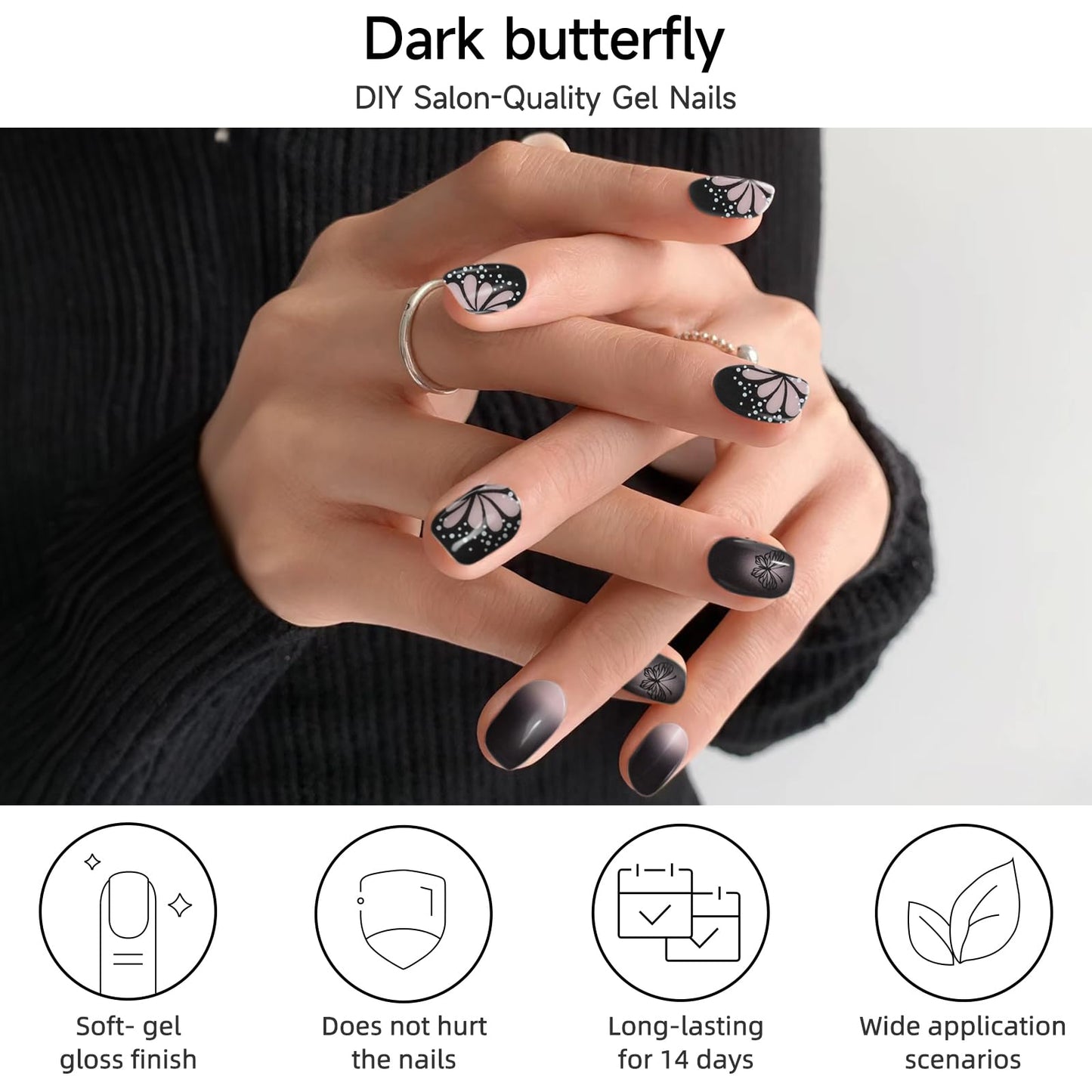 Semi Cured Gel Nail Strips, 56Pcs Nail Art Stickers/Wraps, Long Lasting UV Nail Polish Strips for Adults (Silver Rhinestones+French Tip Glitter) BST220