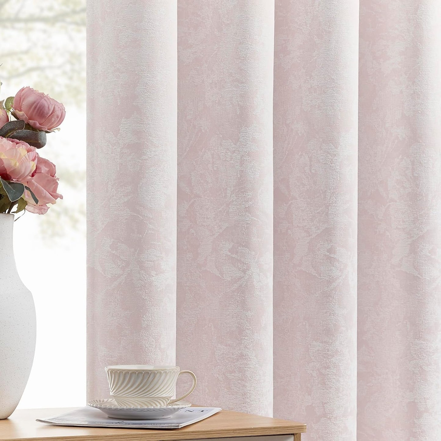 Beauoop Green Floral Jacquard Blackout Curtains 90 Inches Long 2 Panels for Bedroom Living Room Sage Flower Chenille Room Darkening Thermal Insulated Soundproof Grommet Window Treatments Drapes, 52x90 BST220