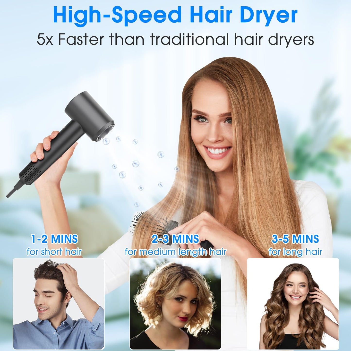 KARFUN Hair Dryer, 110000 RPM High-Speed Brushless Motor Fast Drying Blow Dryer, 57dB Low Noise Hair Dryer for Home or Travel, 3 Temps & 2 Speeds (Black)