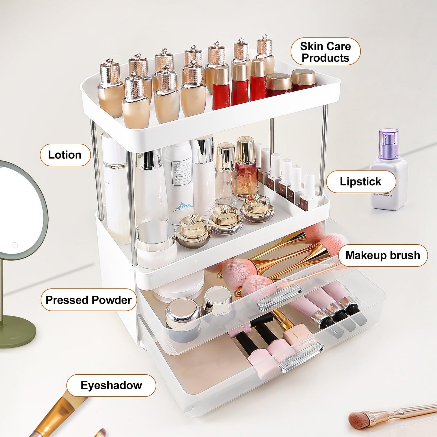 DASITON 4 Tiers Makeup Organizer, 2 Drawers Large Cosmetic Organizers for Vanity Bathroom Countertop, Bathroom Organizers and Storage for Skincare, Cosmetic, Perfume, Dresser Organizer (Cream+Clear) BST220
