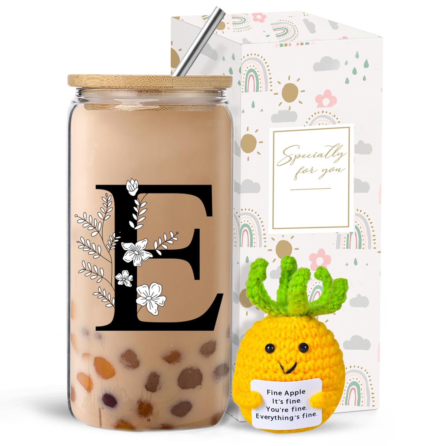 Monogrammed Initial Glass Cup with Lids and Straws gift for Women | Personalized Gift Set with Doll, 16 Oz Ice Coffee Cup ,reusable glass tumbler,Birthday Christmas Gift for Her,U WN420