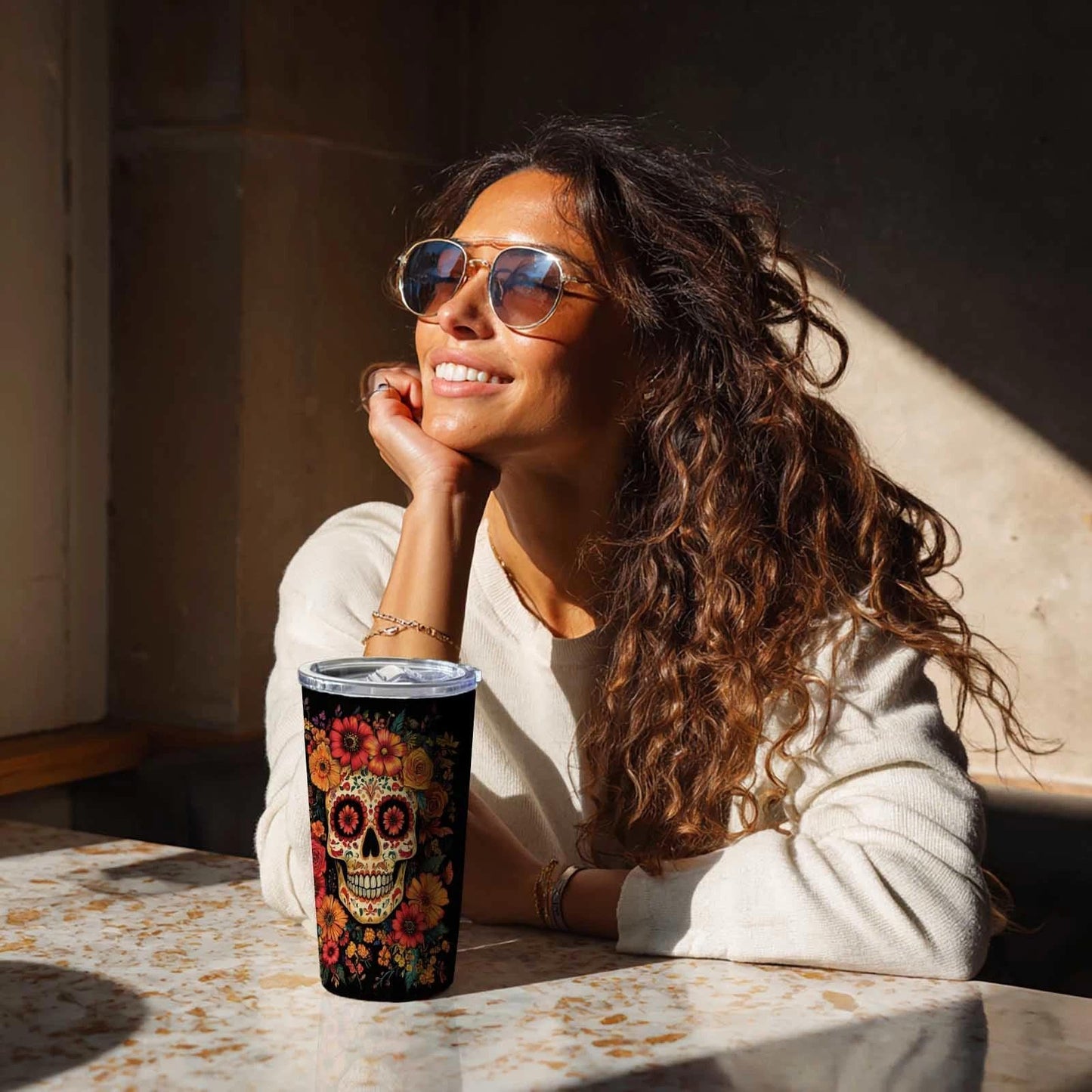 Gothic Skull 20 oz Insulated Stainless Steel Tumbler | Spooky Skeleton Travel Mug with Leak Proof Lid and Telescope Straw | Hot & Cold Coffee Cup | Halloween Gifts for Men and Women WN420