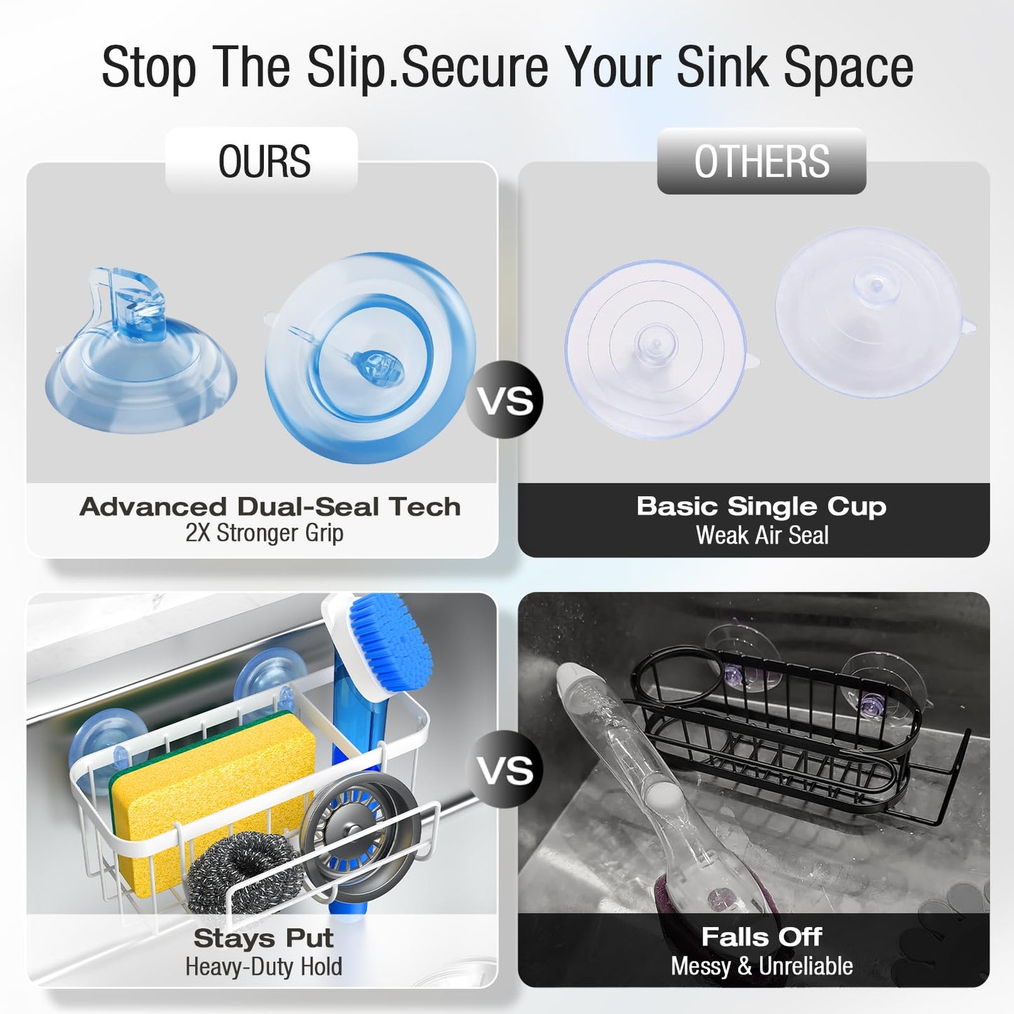 3-in-1 Kitchen Sink Caddy Organizer with Sponge Holder, Brush Holder, Extra Rack for Scrubber, Sink Stopper, Dish Cloth Hanger - Strong Dual Suction Cup, 2.0mm SUS304 Stainless Steel - Grey WN420