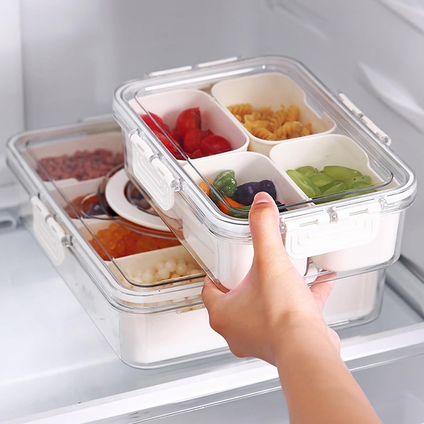 VOUKEN 2PCS Plastic Divided Serving Tray with Lid Snackle Box Charcuterie Container Portable Snack Platters Organizer for Candy, Fruits, Snacks, Nuts, for Party, Entertaining, Picnic (8 Compartment) BST326H