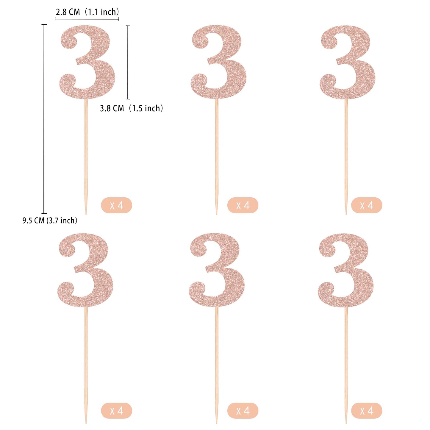 Gexolenu 24 PCS Rose Gold Double-sided 3rd Birthday Cupcake Toppers, Glitter Age THREE Cake Picks Decor, Third Happy Birthday Party Decorations Baby Shower Anniversary Party Supplies BST220