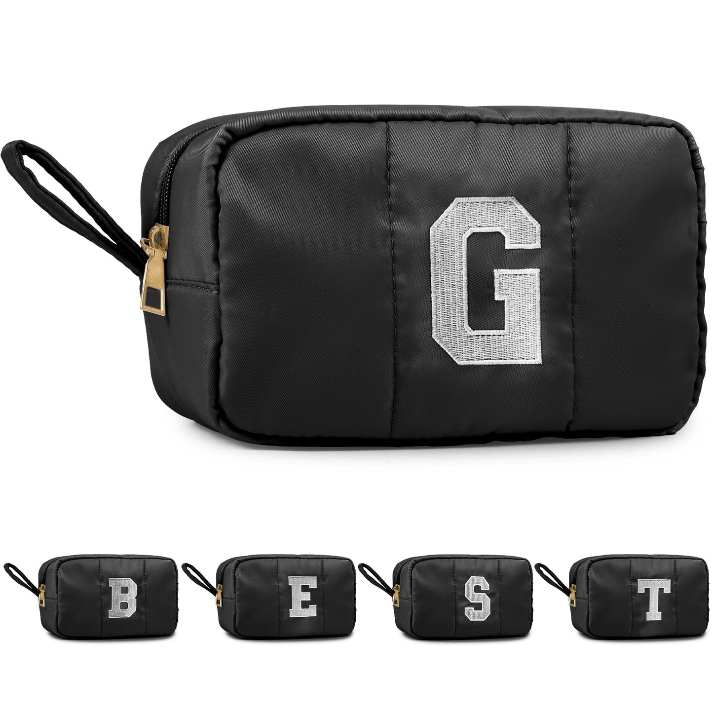 Puffy Makeup Bag for Women,Initial Cosmetic Bag,Cute Travel Toiletry Bag,Puffer Make Up Organizer Bags with Compartments,Personalized Gifts for Girlfriend Bridesmaid Teacher Graduation (Khaki gray, E) BST202