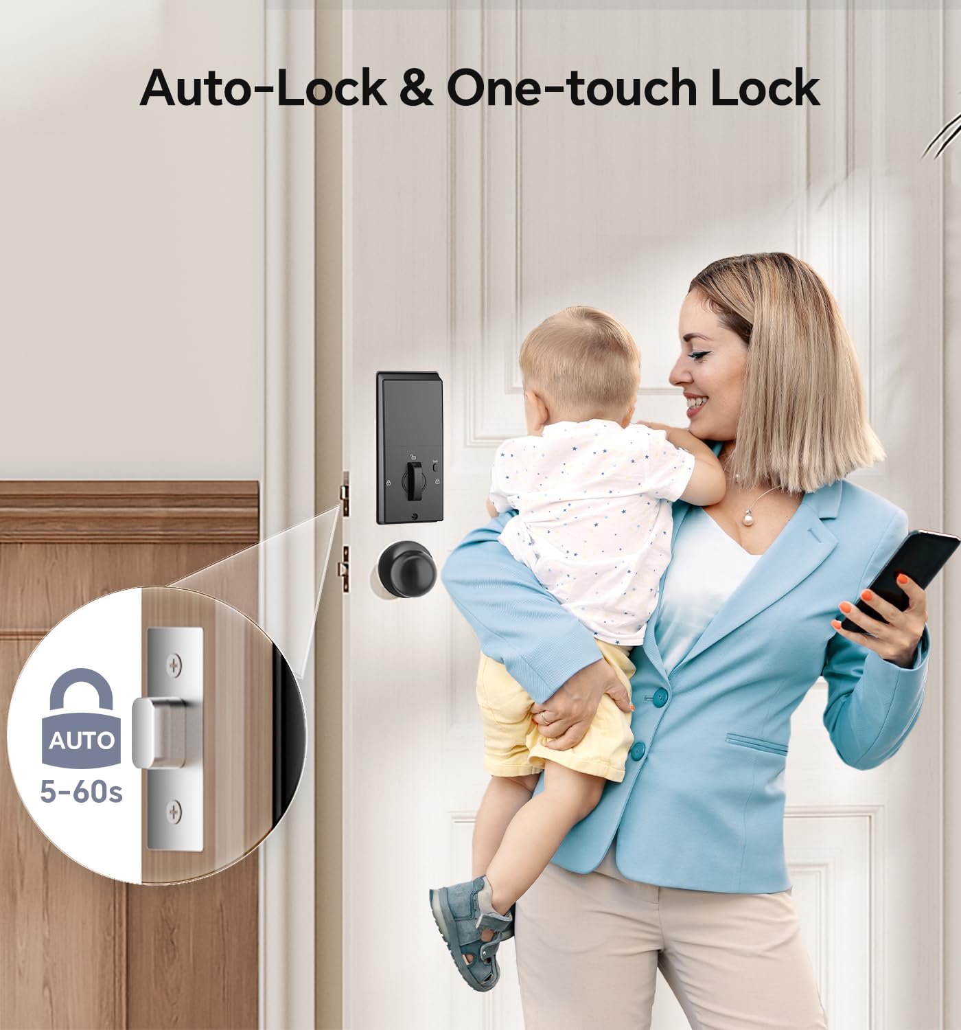 Ulecoce Keyless Entry Door Lock with Knob Set, Door Locks for Front Door with Handle Set, Auto Lock, One-Touch Lock, 100 Codes ＆ 3 Keys, Anti-Peeping Password, Easy Installation, Black