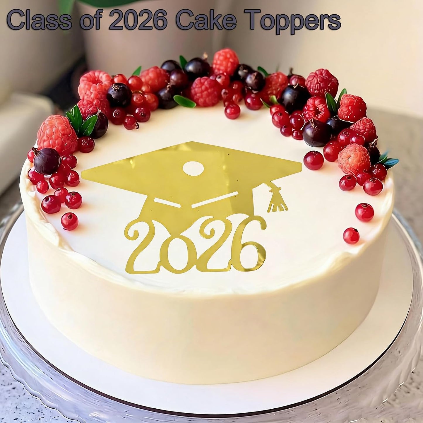 2026 Graduation Cake Toppers, 16 Pack Acrylic Gold Mirror Grad Cap Cake Decorations,Grad Hat Side Cake Toppers for Class of 2026 Party Supplies, High School College Graduation Cake Decorations BST220