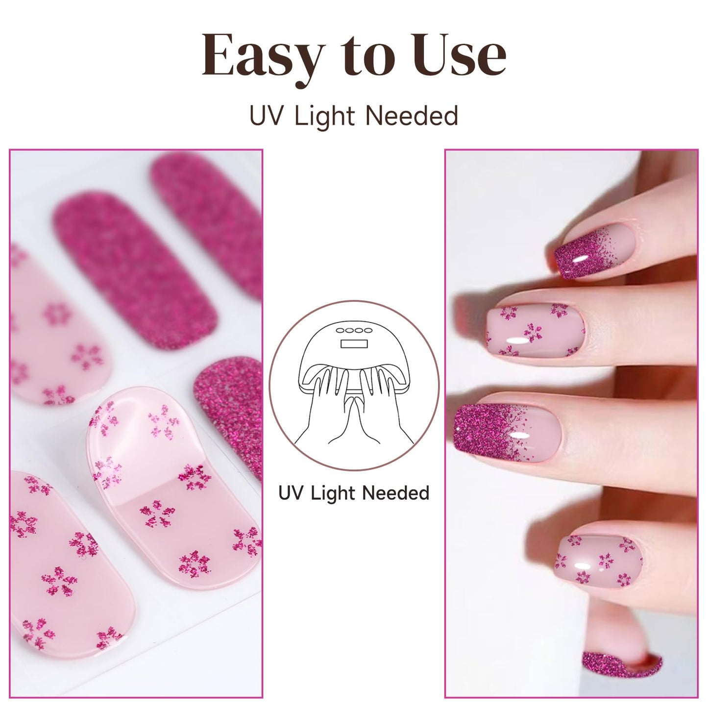 Semi Cured Gel Nail Strips, 56Pcs Nail Art Stickers/Wraps, Long Lasting UV Nail Polish Strips for Adults (Silver Rhinestones+French Tip Glitter) BST220