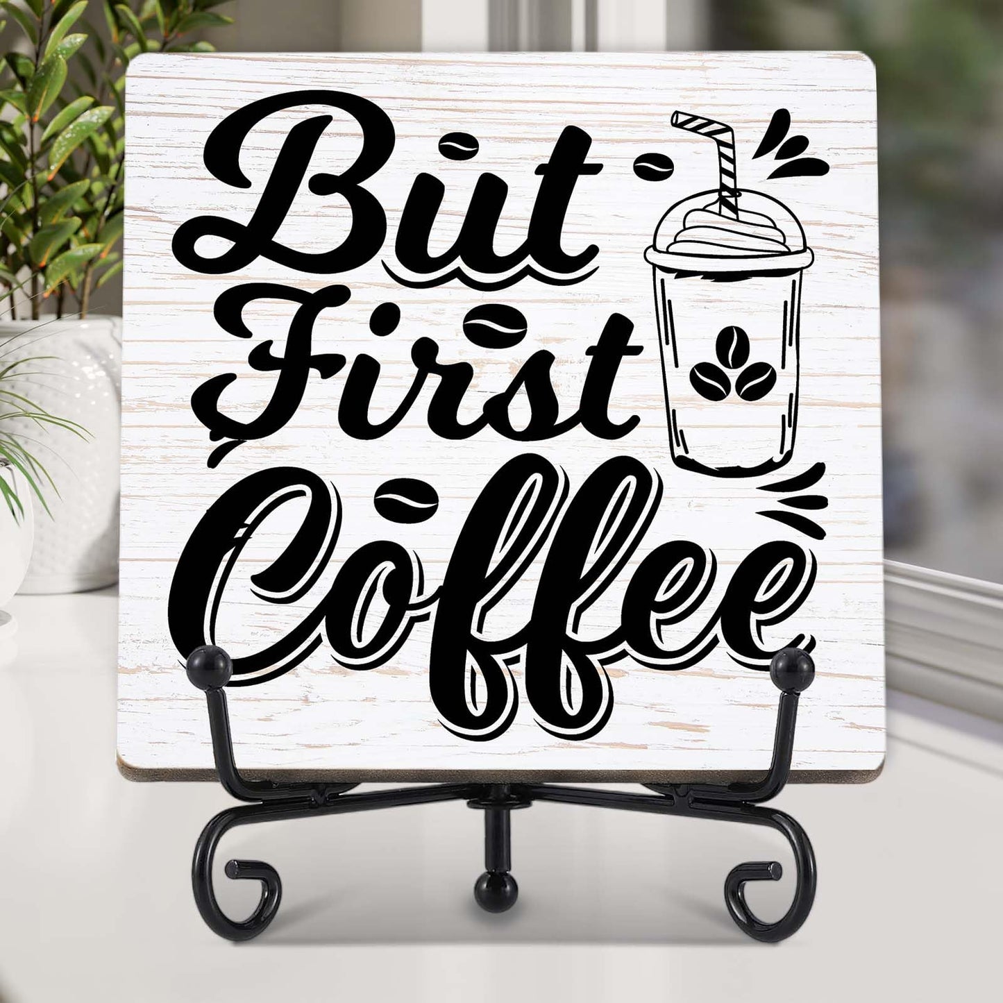 Coffee Bar Decor, Farmhouse Kitchen Table Decor, Coffee Station Accessories, Wooden Decorative Sign with Iron Stand for Table Desk Shelf Display-E21 BST220