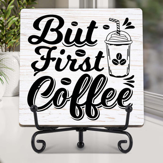 Coffee Bar Decor, Farmhouse Kitchen Table Decor, Coffee Station Accessories, Wooden Decorative Sign with Iron Stand for Table Desk Shelf Display-E21 BST220