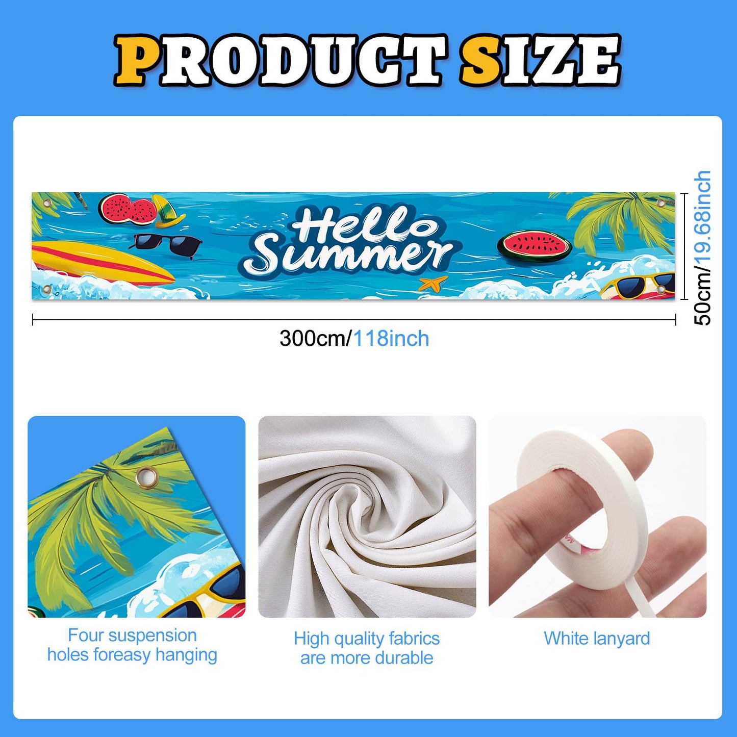 BlissYard Hello Summer Banner 118 x 20 Inch Pool Party Decorations Beach Surfboard Watermelon Tropical Fence Sign Hawaiian Luau Outdoor Backyard Wall Decor BST220