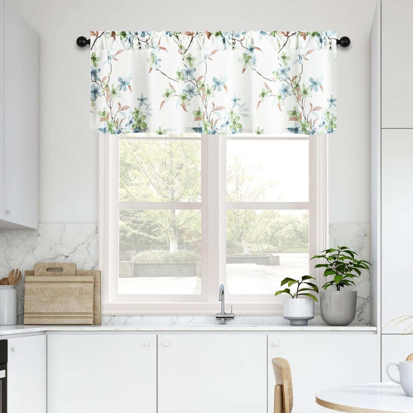 Leeva Farmhouse Kitchen Valances for Windows, Watercolor Blossoming Floral Print Curtains, Soft Faux Linen Curtain Toppers and Valances for Bedroom, 60 x 14 Inch, Brown & Grey, 1 Panel BST220