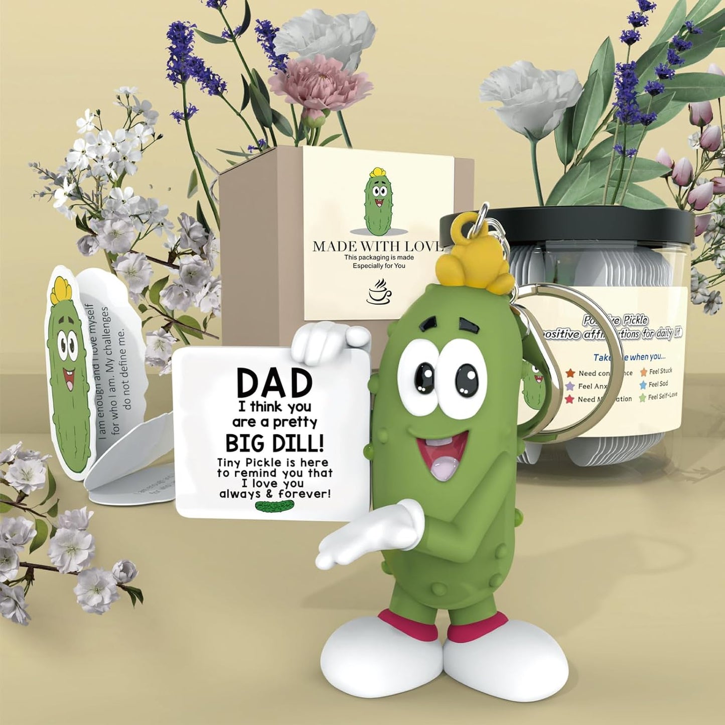Positive Pickle with 60 Positive Affirmations Cards Set, Dad Gifts from Daughter Son, Best Dad Ever Gifts Thank You Daddy Gift Funny Pickle Plush BST202