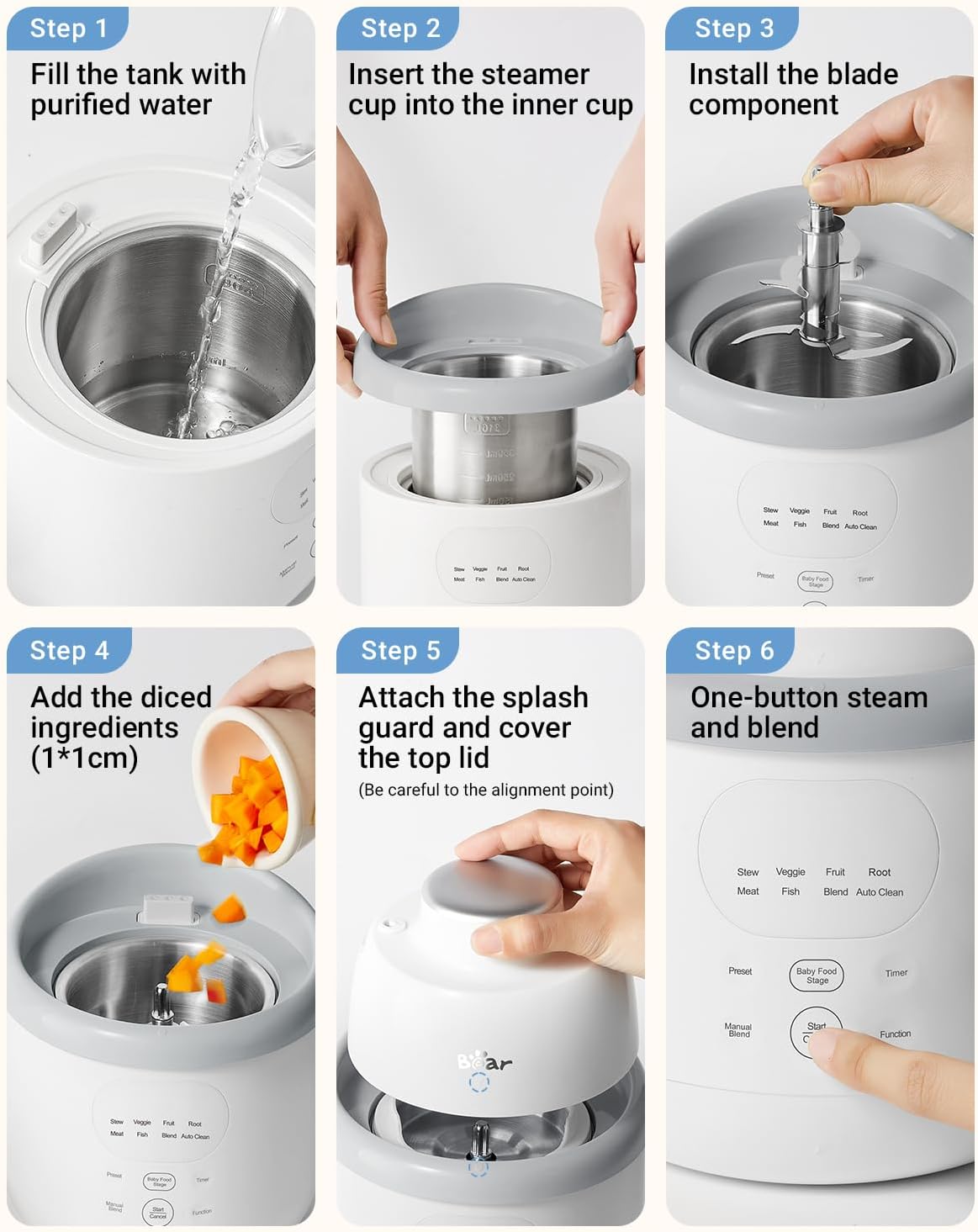 Bear NutriEase AllStage Stainless Steel Baby Food Maker Steamer and Blender, Truly OneStep Baby Food Processor Puree Maker Grinder Mills, Auto Cooking&Grinding for Healthy Homemade Baby Food, BPA-Free