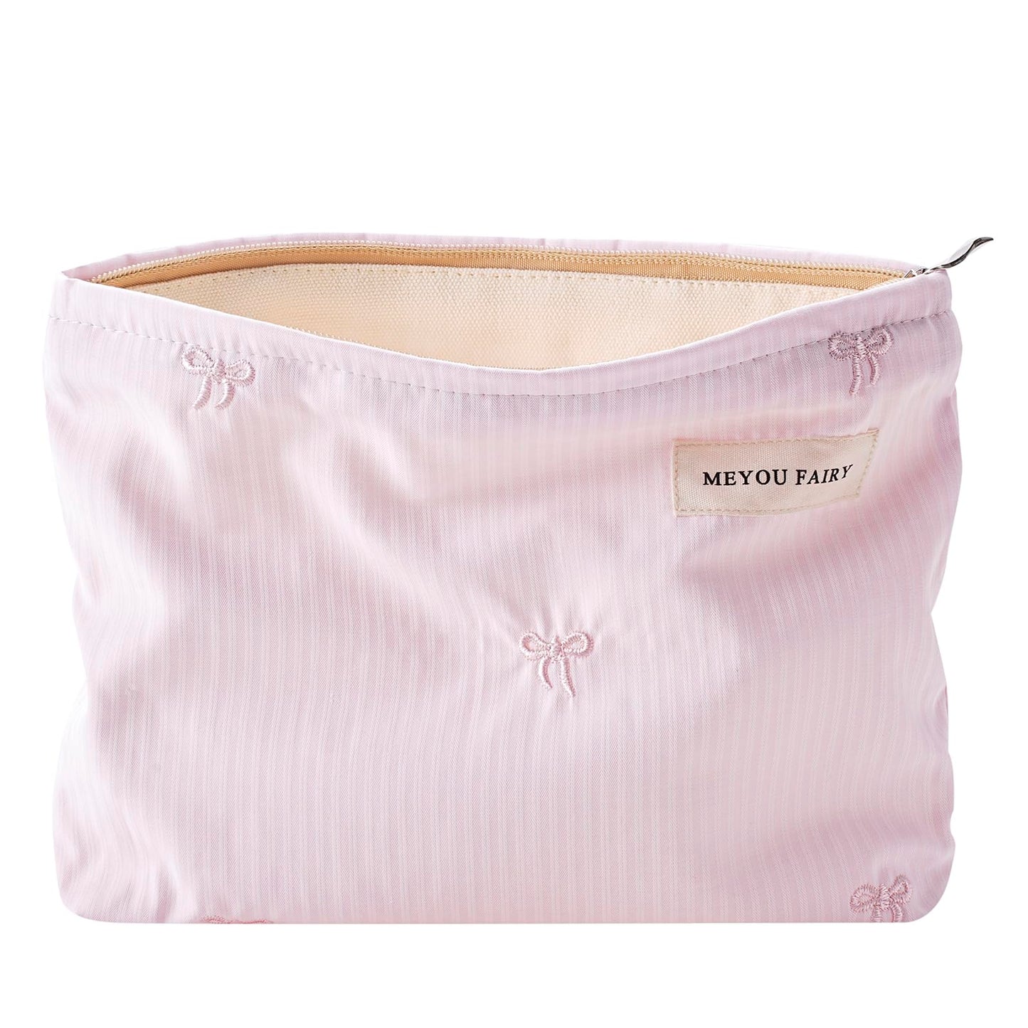 RSRSLEII Striped Makeup Bag for Women, White Cosmetic Bag with Bow, Travel Toiletry Cosmetic Bag with Zipper, Cute Women Aesthetic Organizer Storage Pouch, Girls Handbags Purses (06 White Stripe Bow) BST220