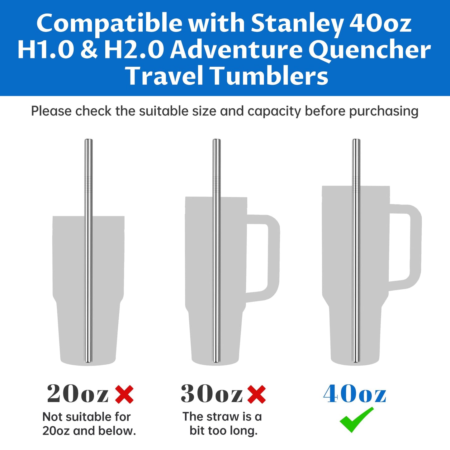 Tomorotec 14PCS Stainless Steel Straws Fit for 30oz Stanley Tumblers | 11" Reusable Drinking Straws with Brush, 7 Bent & 7 Straight for Smoothies, Milkshakes, Coffee, Dishwasher Safe (Metallic) BST326L