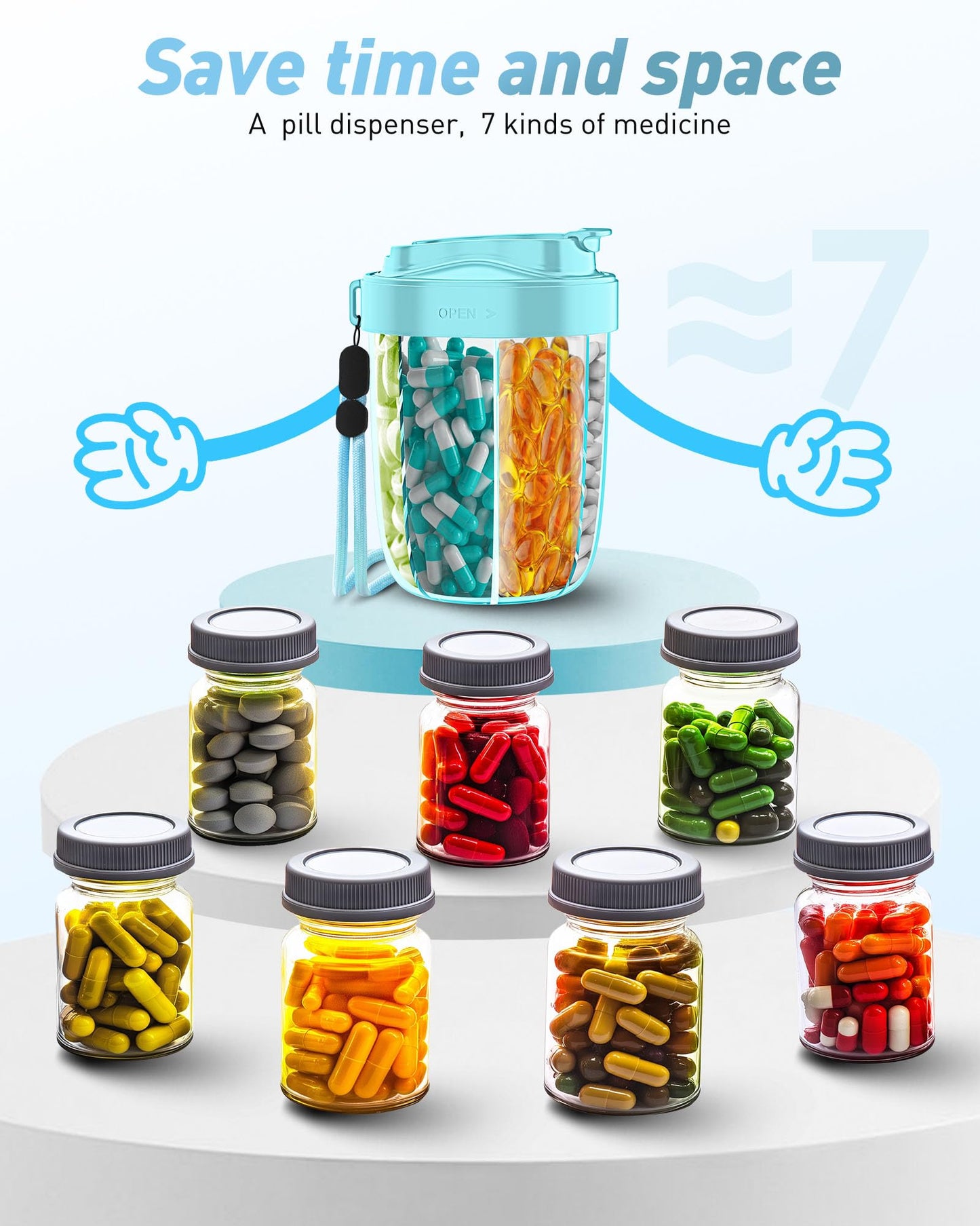 Pill Dispenser with 7 Large Compartments - Portable Pill Organizer for Travel, Anti-Mix Design & Wide Opening Design, Easy Access to Vitamin Dispenser, Includes 20 Blank Stickers (White) WN420