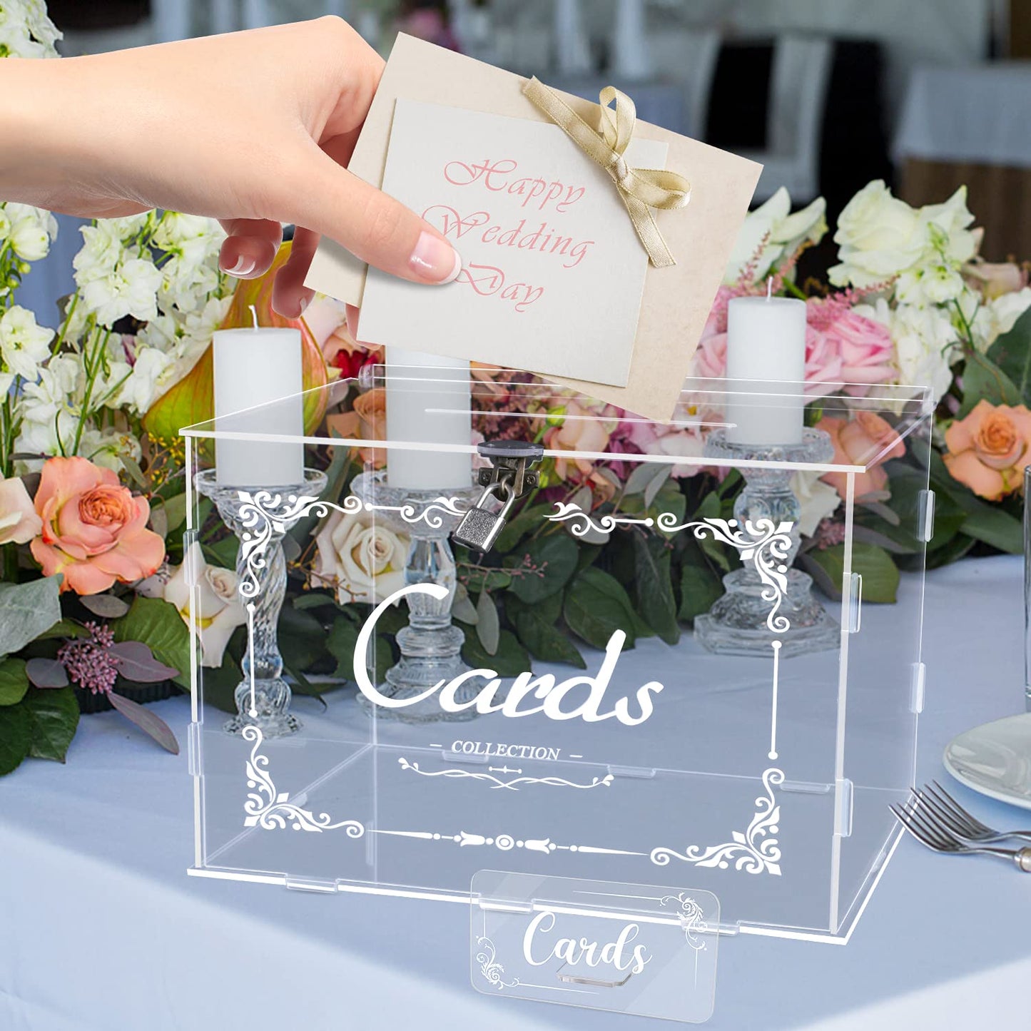 Fowecelt Acrylic Wedding Card Box with Lock Black Card Box DIY Large Rustic Card Box for Wedding Reception Bridal Shower Birthday Baby Shower Party Graduation Decorations (10x10x10 Inch) BST326H