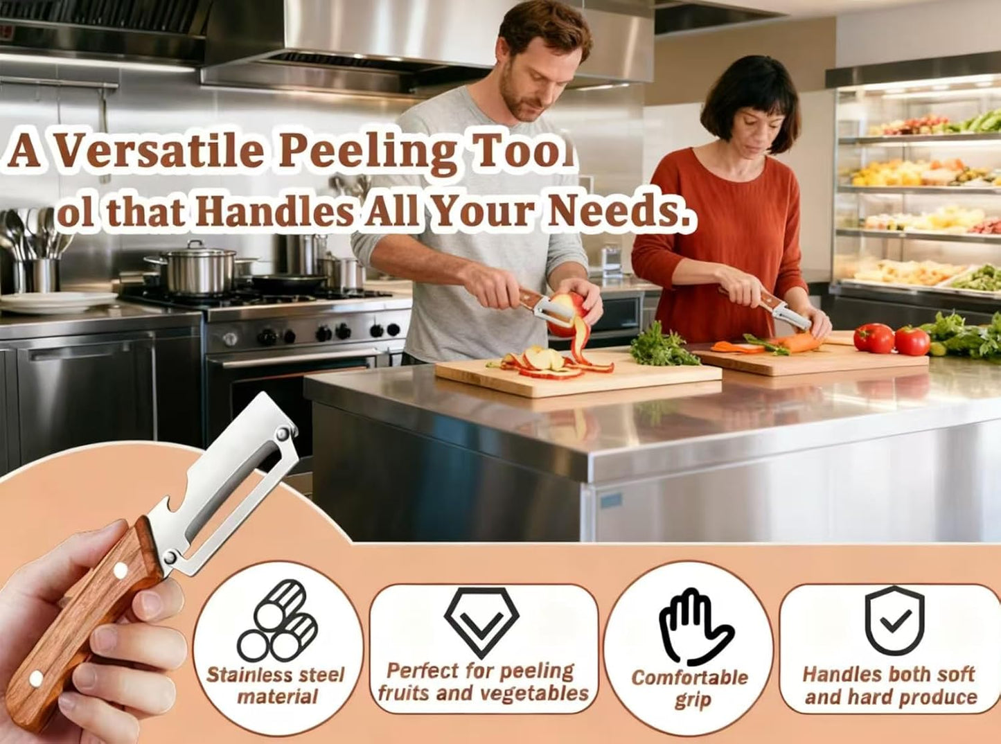 Multi Functional Premium Vegetable Peeler with Wooden Handle and Bottle Opener Stainless Steel Blade Kitchen Tool for Fruit Potato Pumpkin Papaya BST326L
