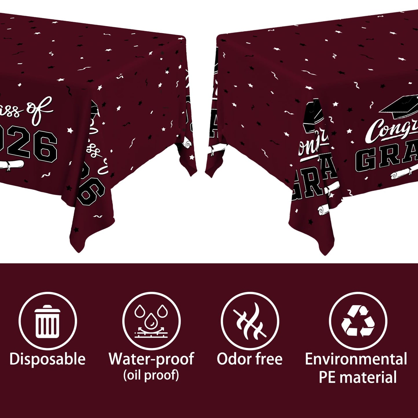 Gatherfun 2026 Graduation Decorations : 2-Pack Congrats Grad Disposable Tablecovers - Class of 2026 Red Themed Table Cloths, for Graduation Party Supplies & Graduation Backdrop, 54" X 108" BST326L