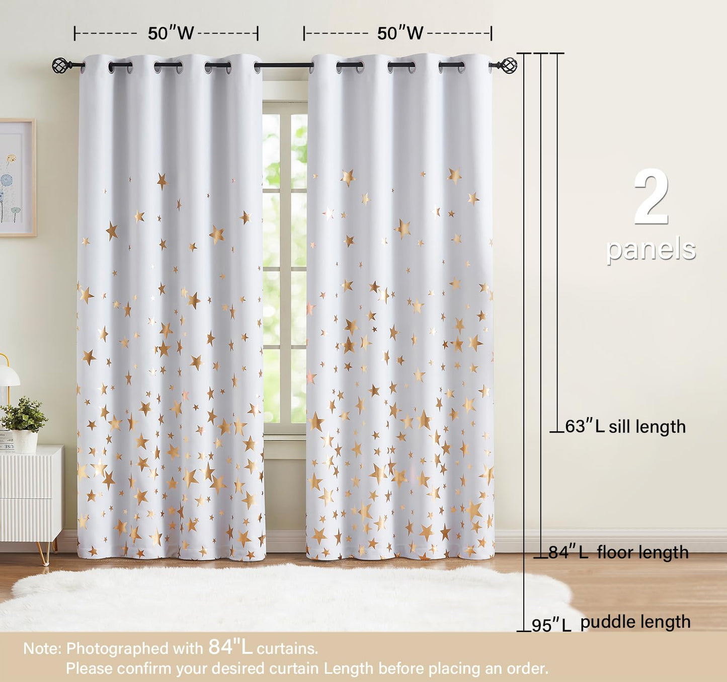 Treatmentex Gold Star Black Full Blackout Curtains for Boys Bedroom, Metallic Window Panels for Baby Nursery Room Grommet Top 2 pcs(Black Gold, 50x63in) BST202