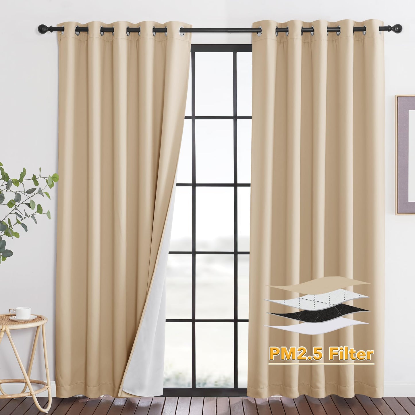 RYB HOME 4-in-1 Dust Filtering Soundproof Blackout Insulating Privacy Window Curtains for Nursery Bedroom Living Room Rivider Sound Absorption Sheet, Black, W52 x L90 inch, 2 Panels BST220