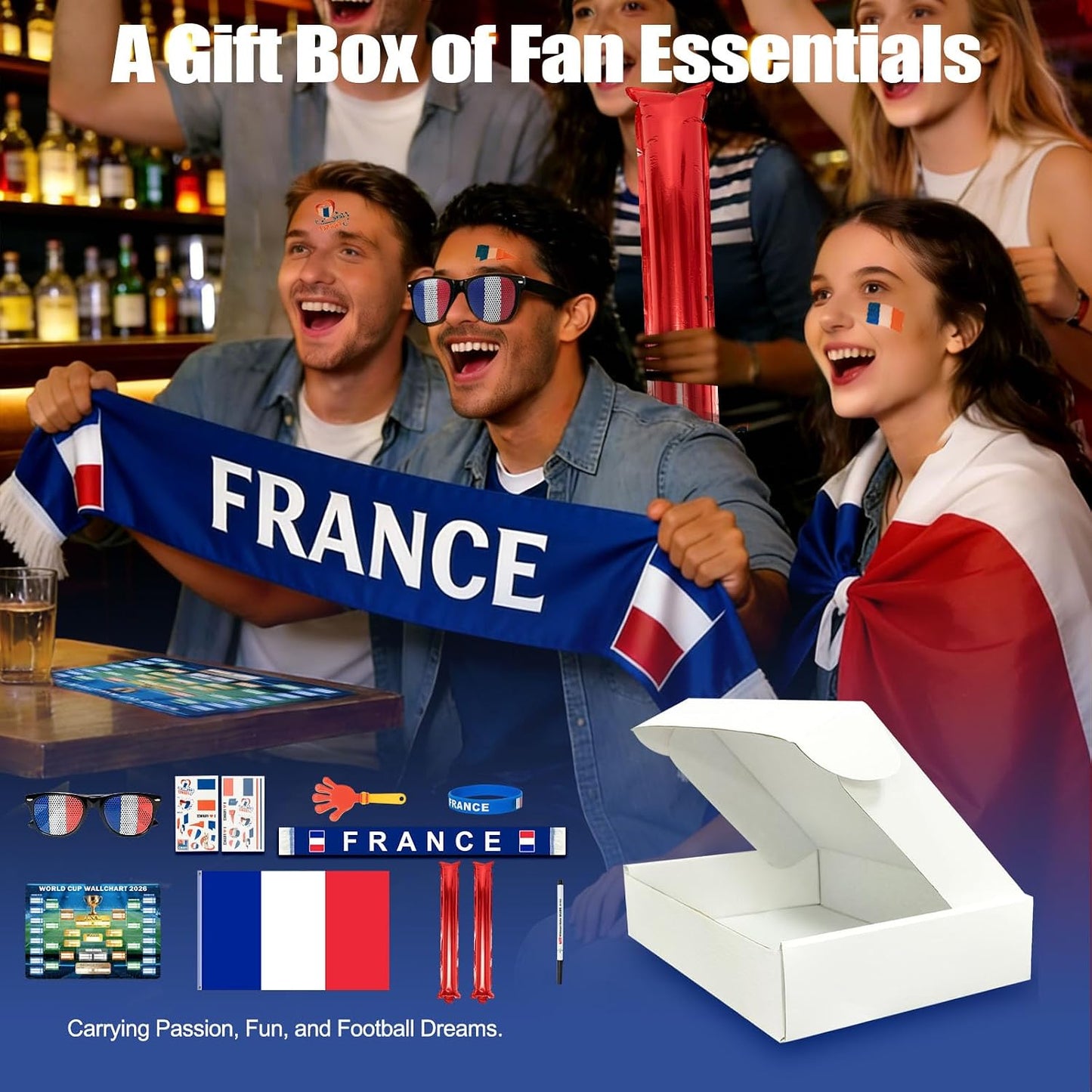 World Cup 2026 Fan Accessories with Large 3x5 ft Flag, Match Tracker Poster, Stickers, Cheering Sticks, Clapper & Scarf, World Cup Decorations Fan kit for Soccer Watch Party, Stadium and Home Cheering BST202