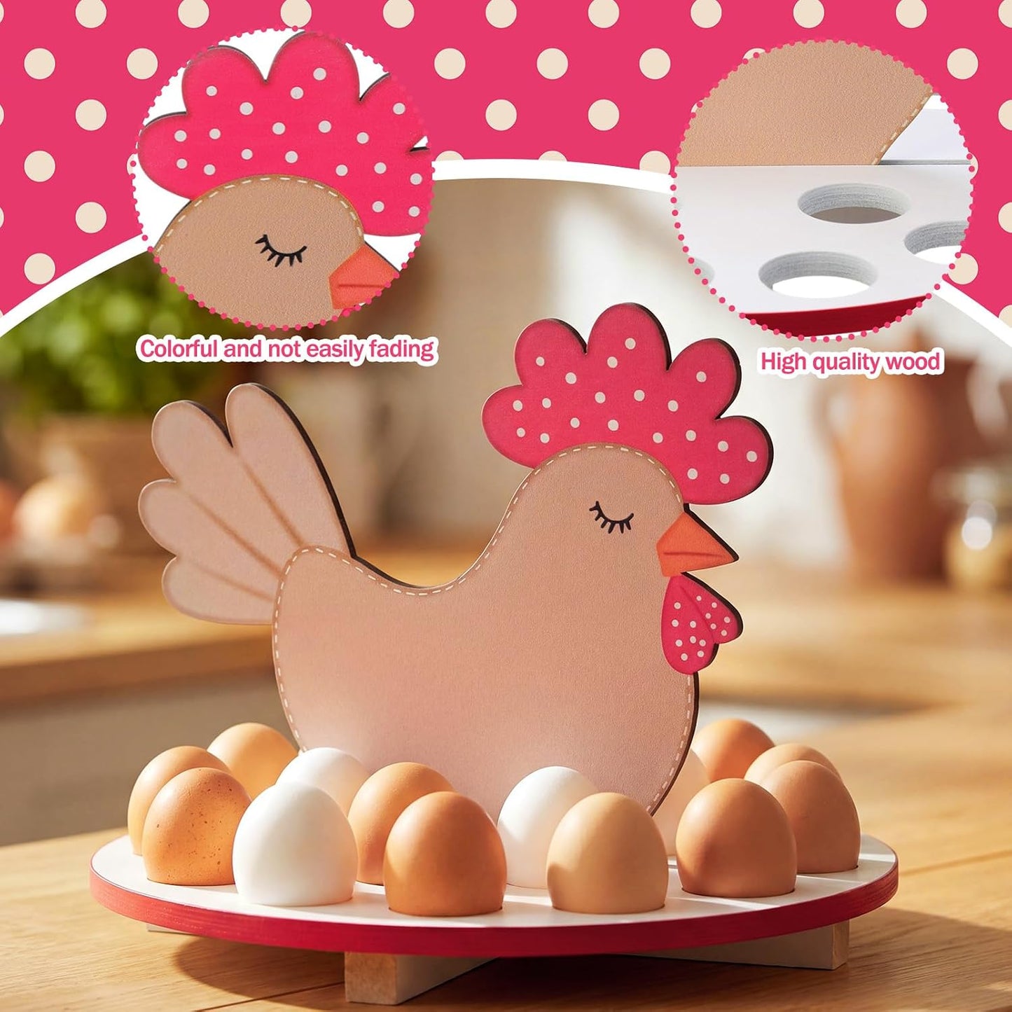 Junkin Rustic Wooden Hen Shaped Egg Holder Countertop, 16-hole Country Egg Storage Rack for Fresh Chicken, Duck, Quail and Turkey Eggs, Space Saving Farmhouse Country Decor Kitchen Organizer BST326H