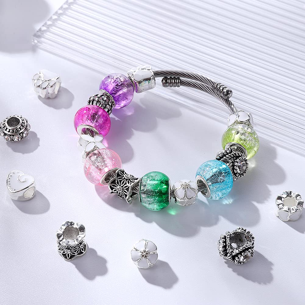 60 Pieces Assorted European Beads with Plating Silver Metal Alloy Rhinestone Large Hole Spacer Beads for DIY Charm Bracelet Jewelry Making (Blue) BST220