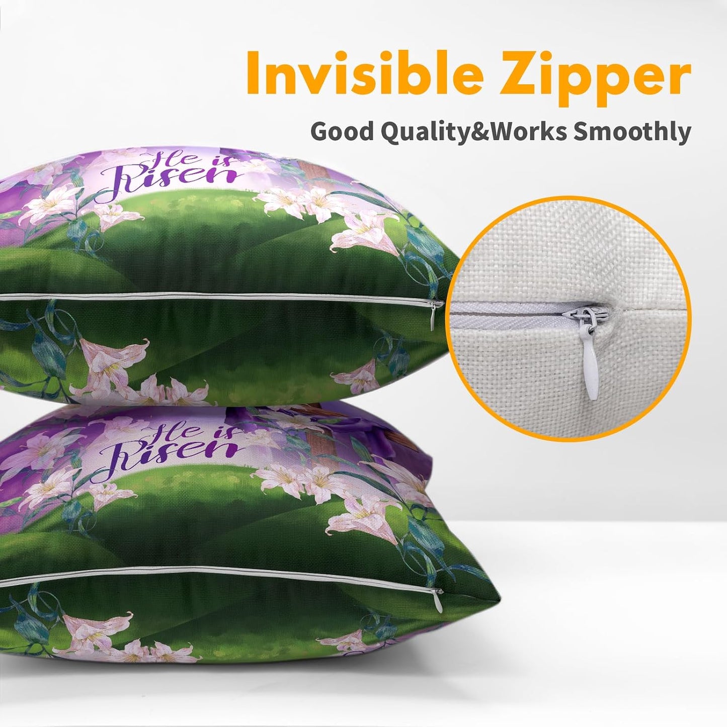 Kawani Easter Throw Pillow Covers 18x18 Set of 2 He is Risen Cushion Case Cotton Linen Square Happy Easter Purple Throw Pillows Case for Spring Flowers Party Sofa Couch Bed Bench Outdoor BST326L