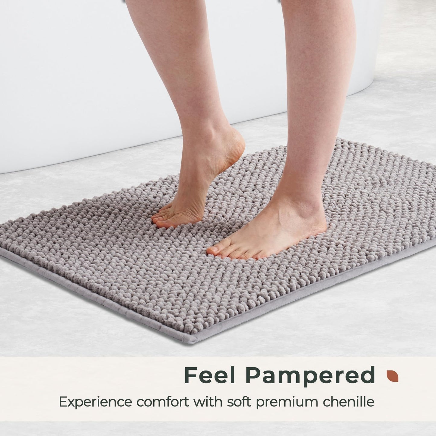 FRESHMINT Chenille Bathroom Rugs Sets 2 Piece 17"x24"+20"x32", Non-Slip Bath Mats, Absorbent Bath Rug, Washable Set of 2 Shower Floor Mat, Gray BST220
