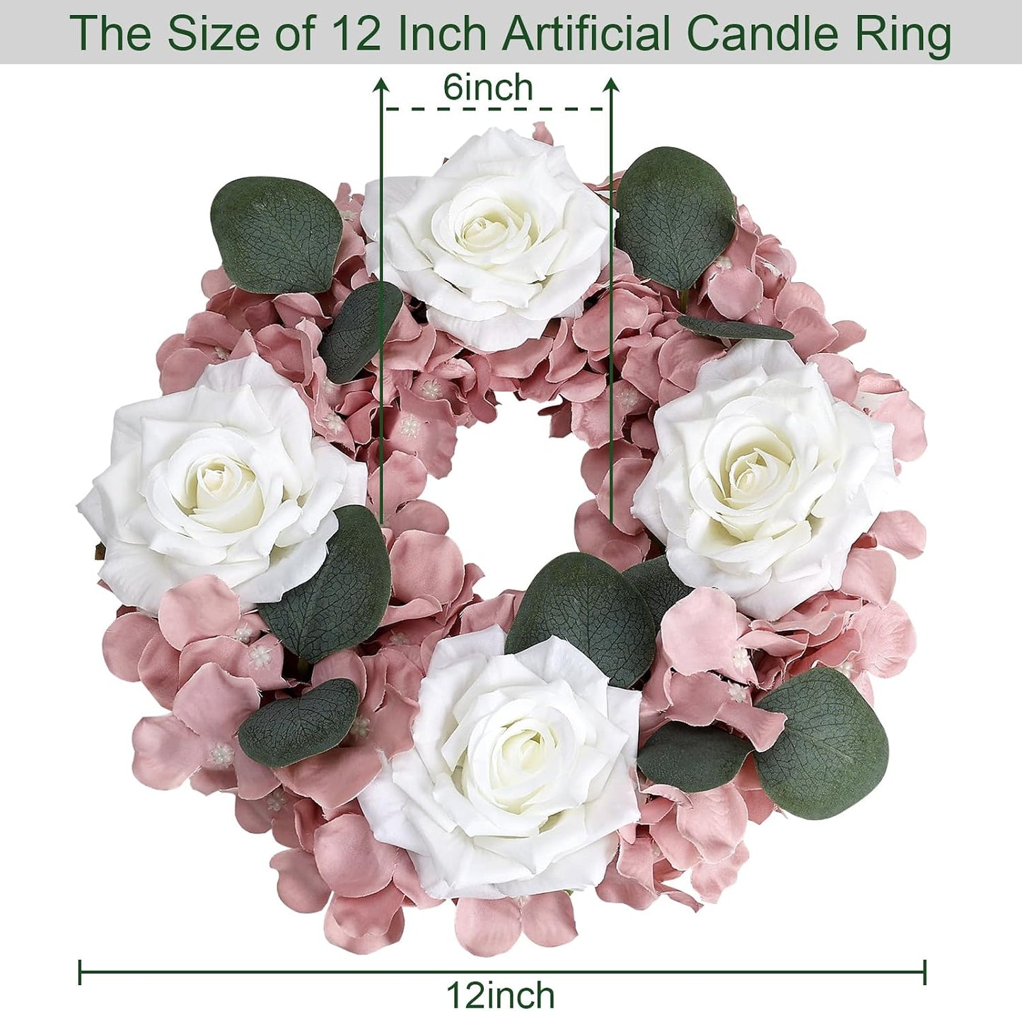 Artificial Flower Candle Rings - 6 Inch Inner Rose Floral Wreaths for Wedding Bridal Event Table Centerpieces Backdrop Decorations (Dusty Pink & White, 6 X Candle Rings) WN420