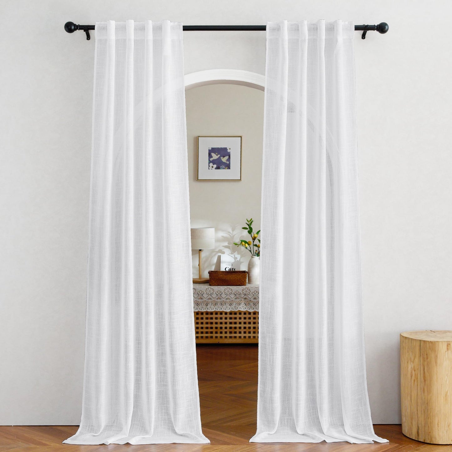 NICETOWN White Semi Sheer Kitchen Curtains 30 inch Length, Rod Pocket & Back Tab Faux Linen Blend Privacy with Light Filtering Window Drapes for Cafe, W34 x L30, 2 Panels BST220