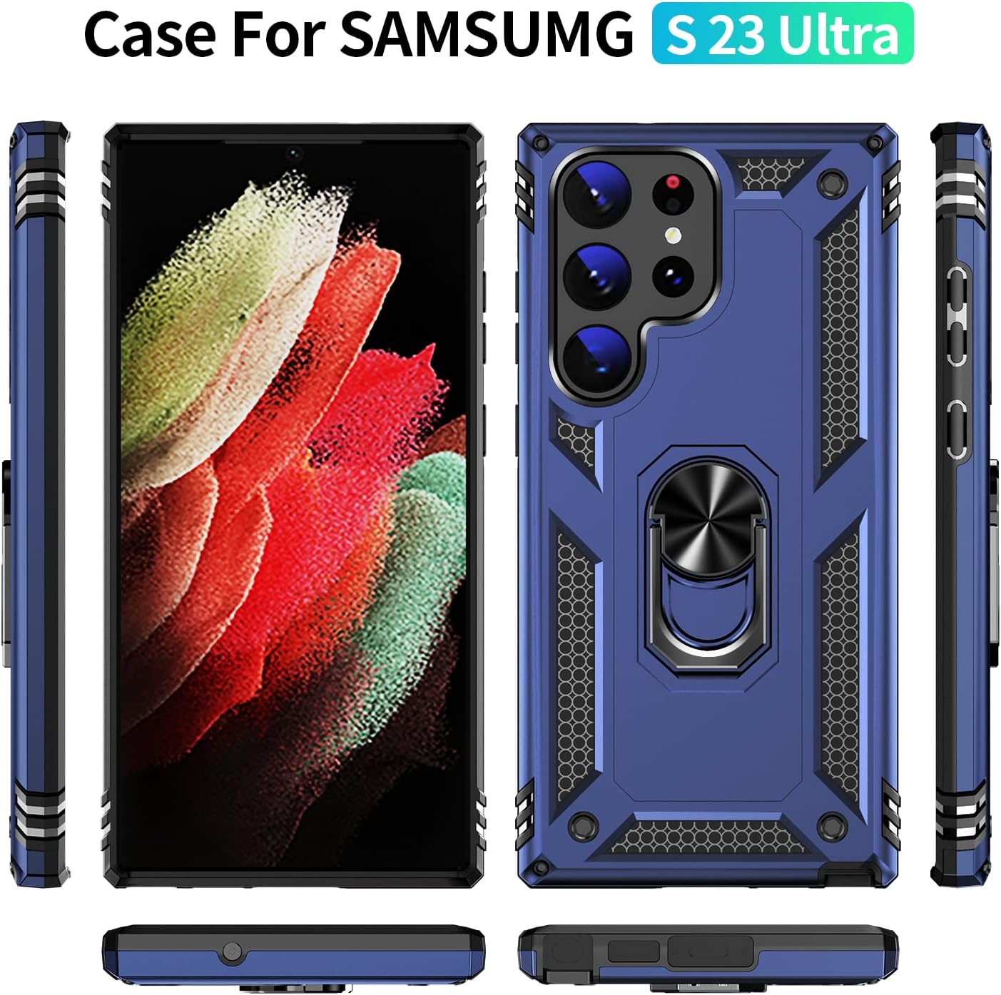 AFARER for Samsung Galaxy S23 Ultra 5G 6.8 inch Cell Case with 360° Rotating Ring Kickstand, Full Body Military Grade Shock Resistant [Heavy Duty Sturdy Durable Phone Shell] (Blue) WN420