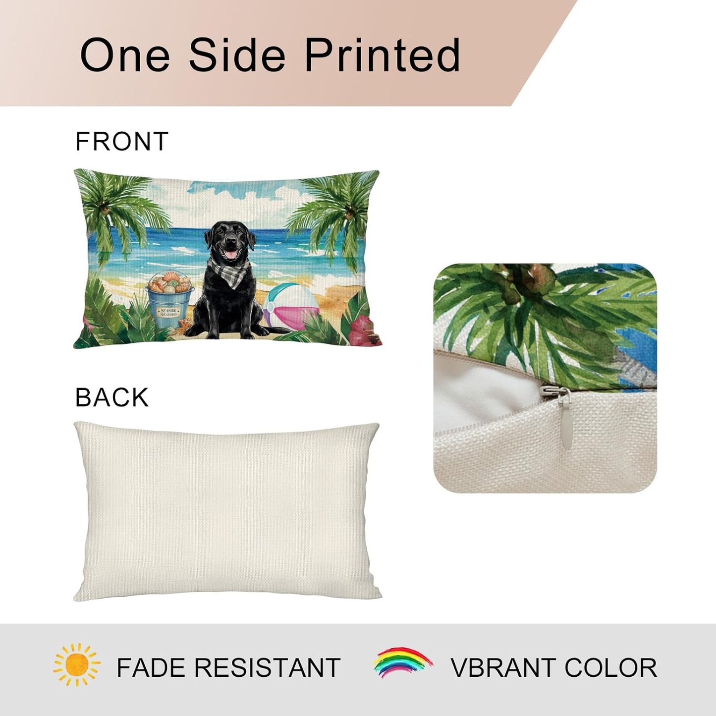 Summer Black Labrador Dog Lumbar Throw Pillow Cover 12x20 Inch Beach Coastal Cushion Case Decoration for Sofa Couch BST202