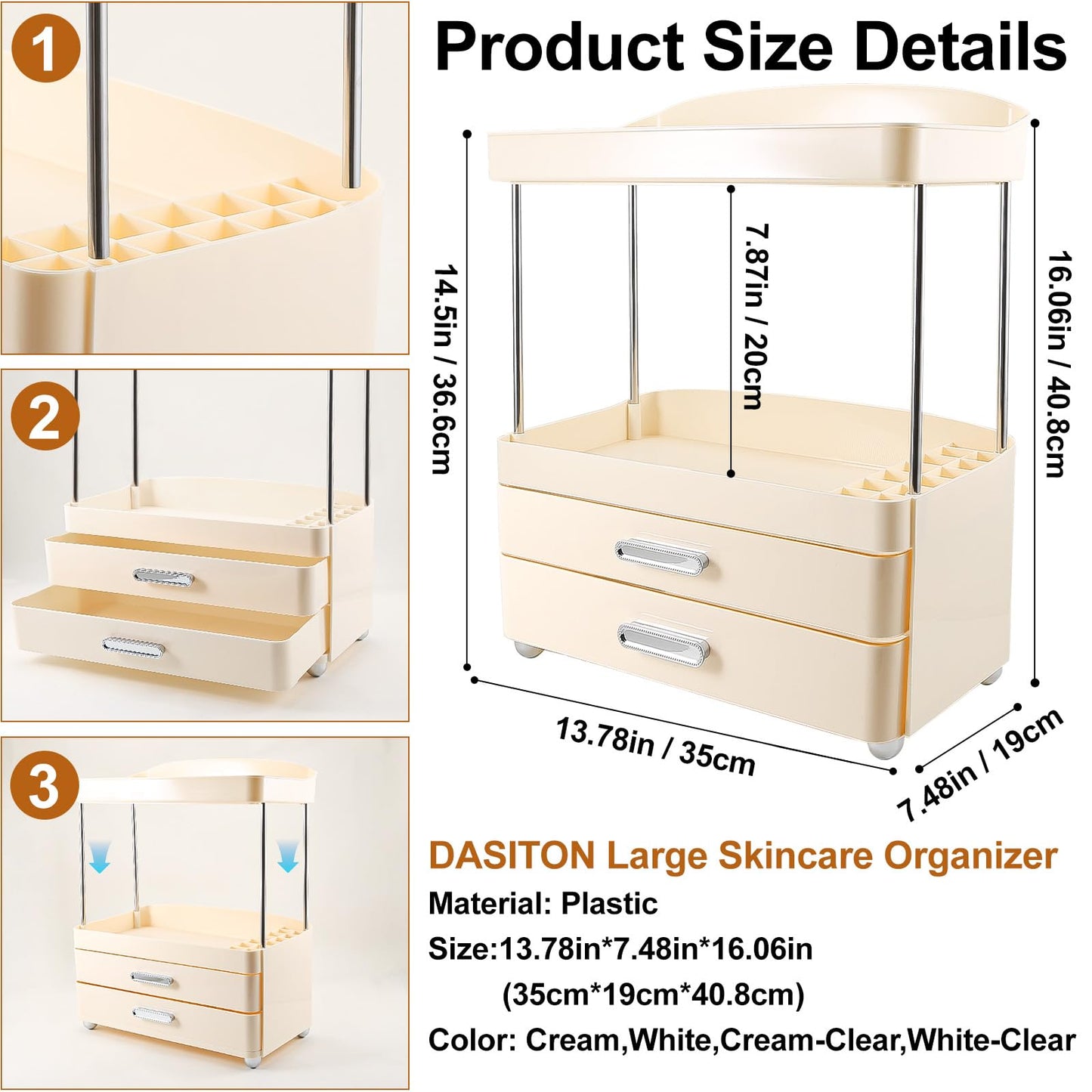 DASITON 4 Tiers Makeup Organizer, 2 Drawers Large Cosmetic Organizers for Vanity Bathroom Countertop, Bathroom Organizers and Storage for Skincare, Cosmetic, Perfume, Dresser Organizer (Cream+Clear) BST220