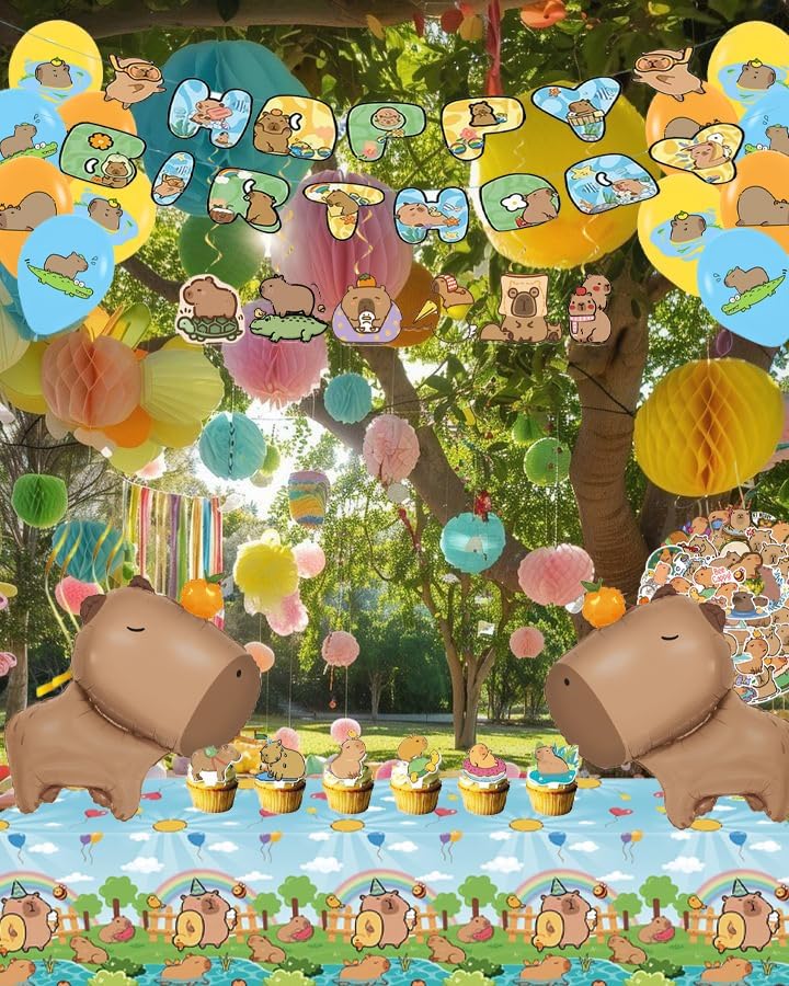 Capybara Birthday Party Decorations 24Pcs - Cute Animal Theme Supplies - Foil Balloons, Latex Balloons, Banner, Tablecloth, Stickers, Cake Toppers BST220